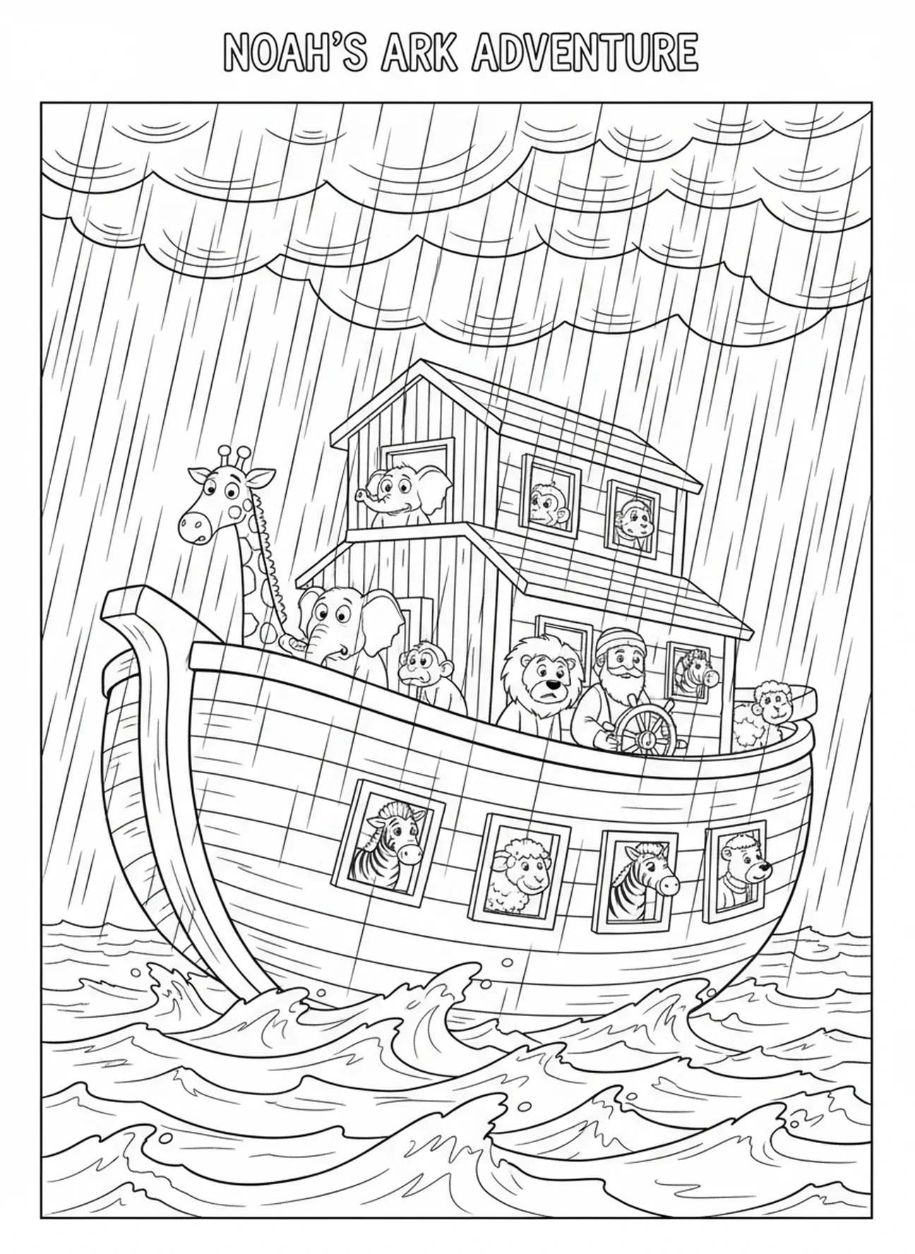 L'arche de Noé dans la tempête, page à colorier Biblique pour enfants de 5 à 10 ans.