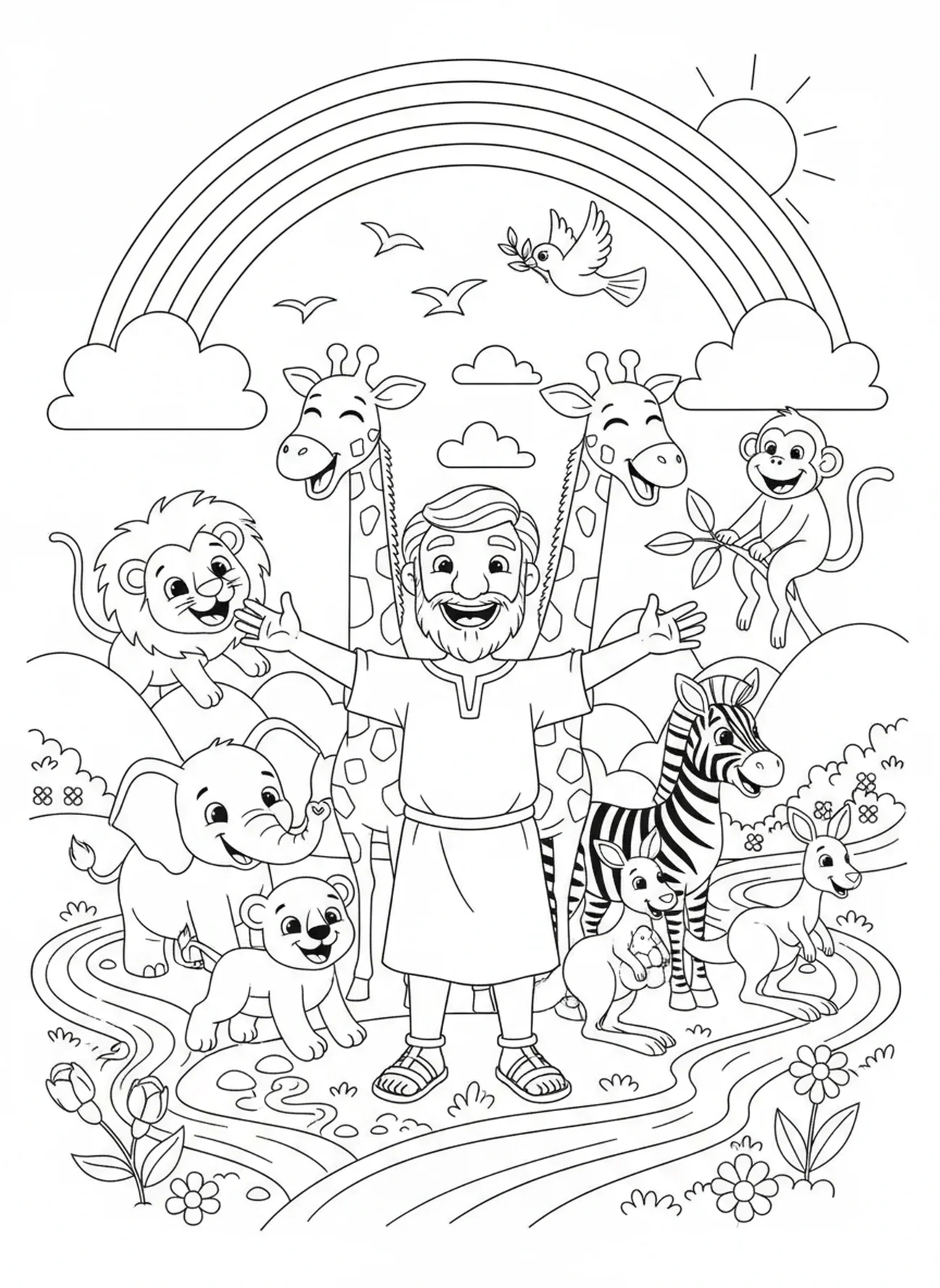Noé avec des animaux joyeux, page à colorier de la Bible sur l'arc-en-ciel pour les enfants de 5 à 10 ans.