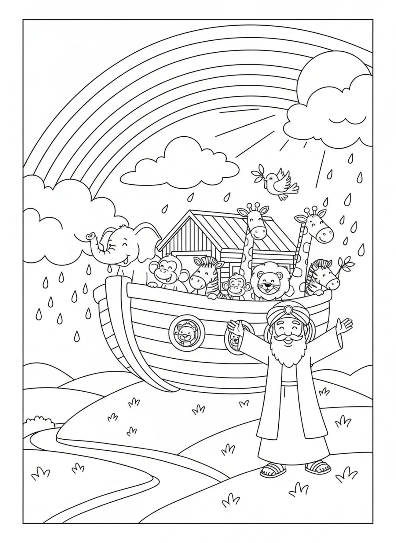 Arc-en-ciel au-dessus de l'arche de Noé, page à colorier Biblique sur l'arc-en-ciel pour les enfants de 5 à 10 ans.