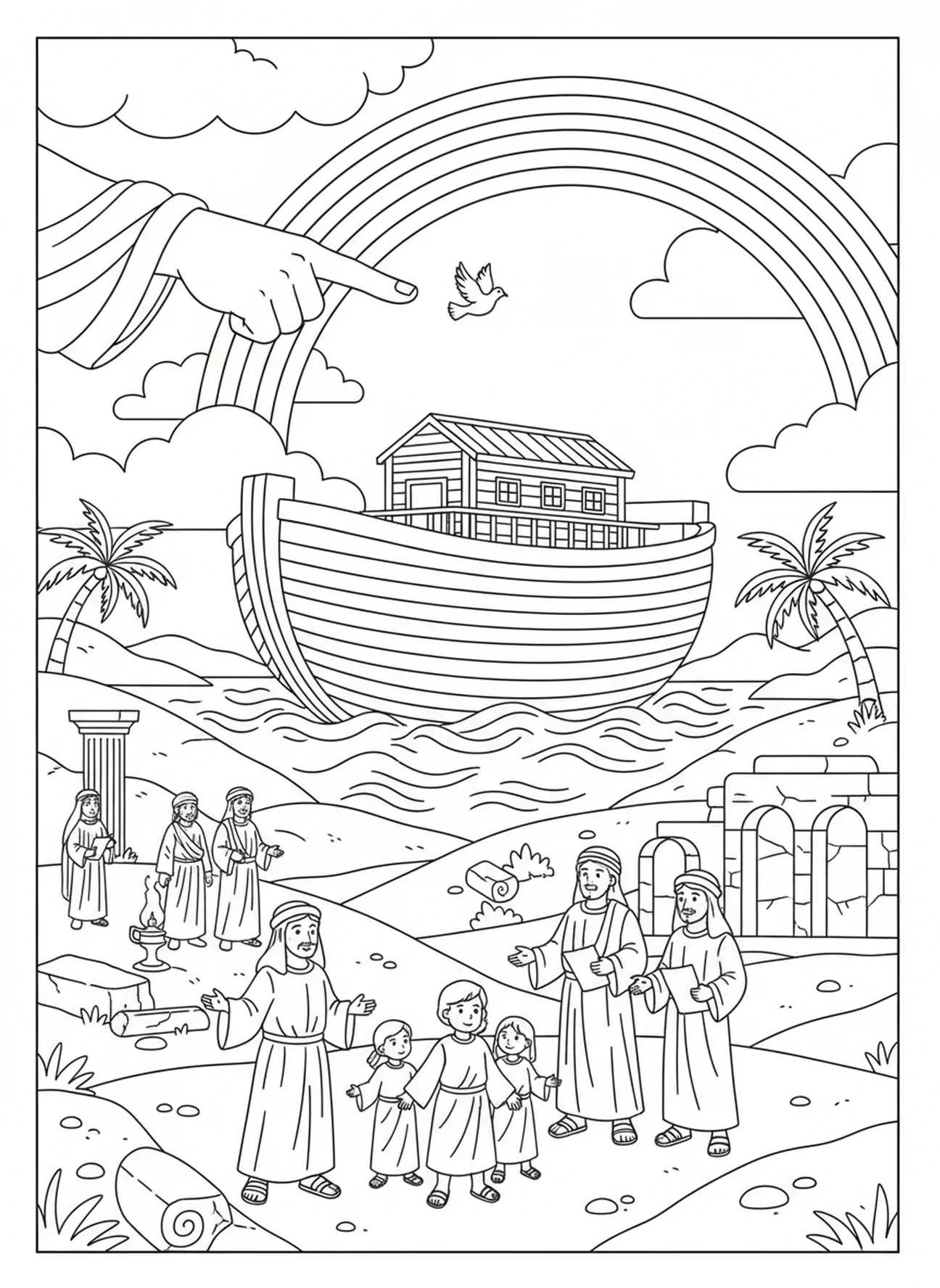 A mão de Deus apontando para o arco-íris, página de colorir da Bíblia sobre o arco-íris para crianças da Escola Dominical de 5 a 12 anos.