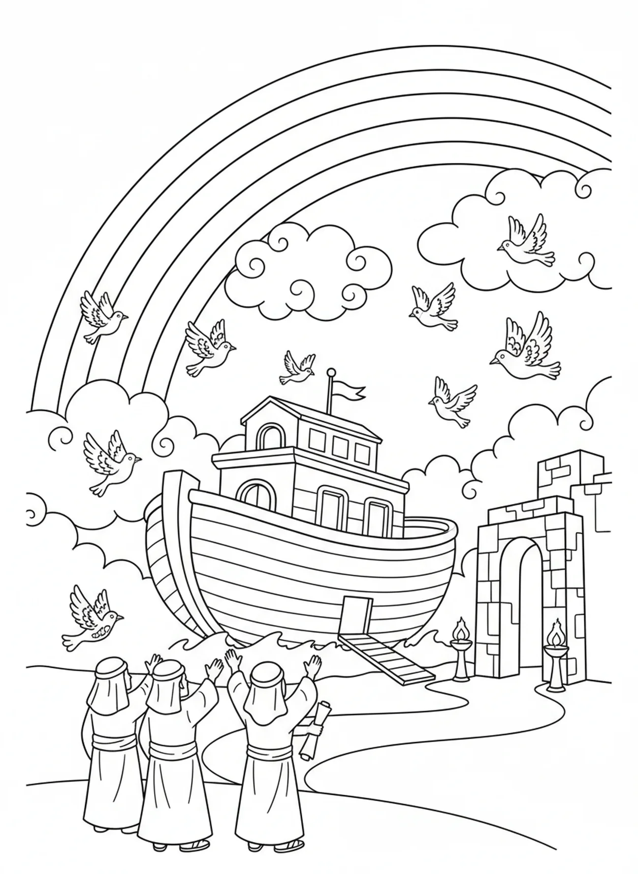 Regenboog die over de ark boogt, Regenboogbelofte kleurplaat voor Zondagsschool kinderen van 5-12 jaar.