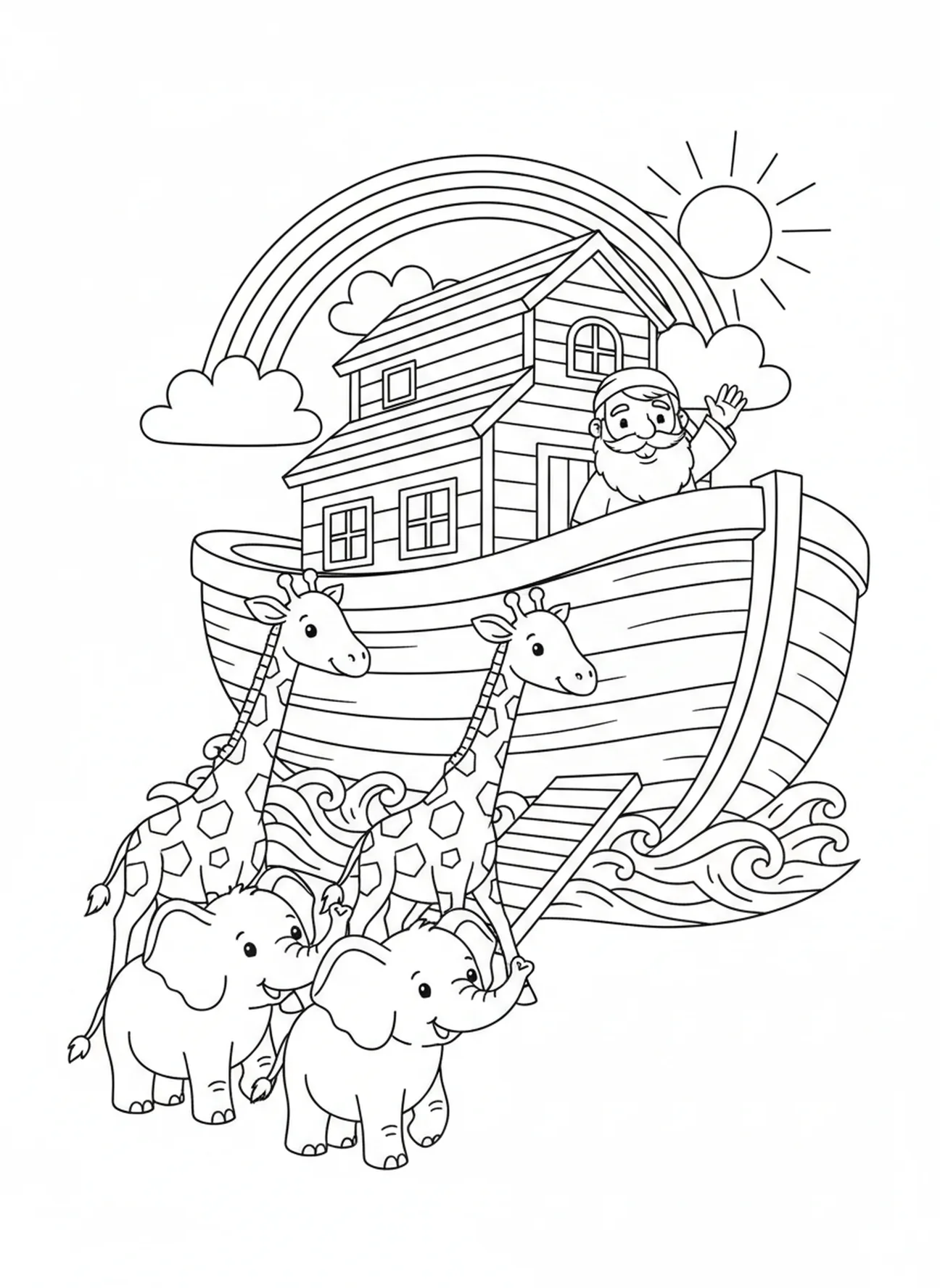 Deux éléphants et des girafes en dessin animé, page à colorier Biblique sur le respect pour les enfants de 5 à 10 ans