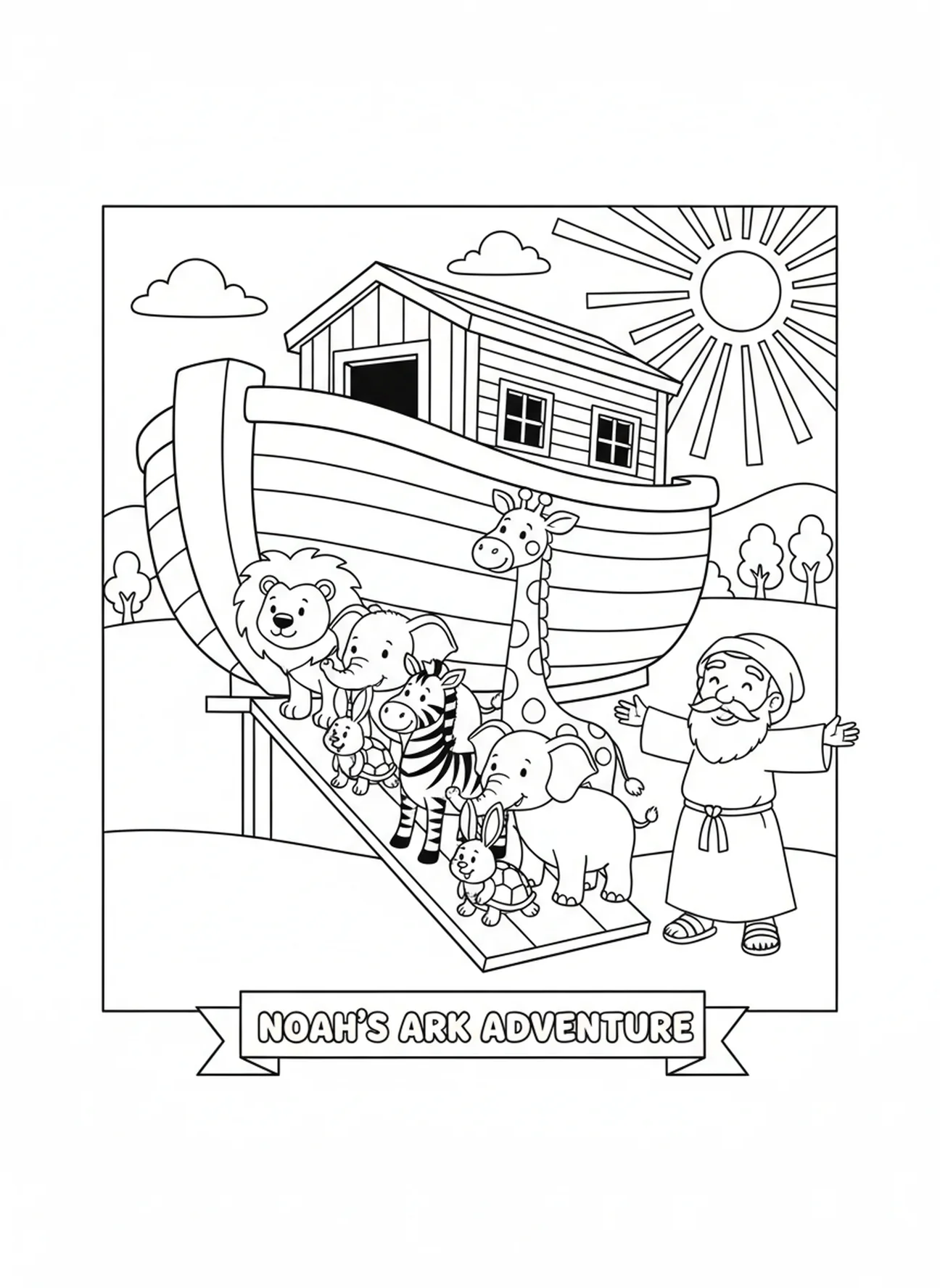 Animaux sortant de l'arche, page à colorier Biblique pour enfants de 5 à 10 ans