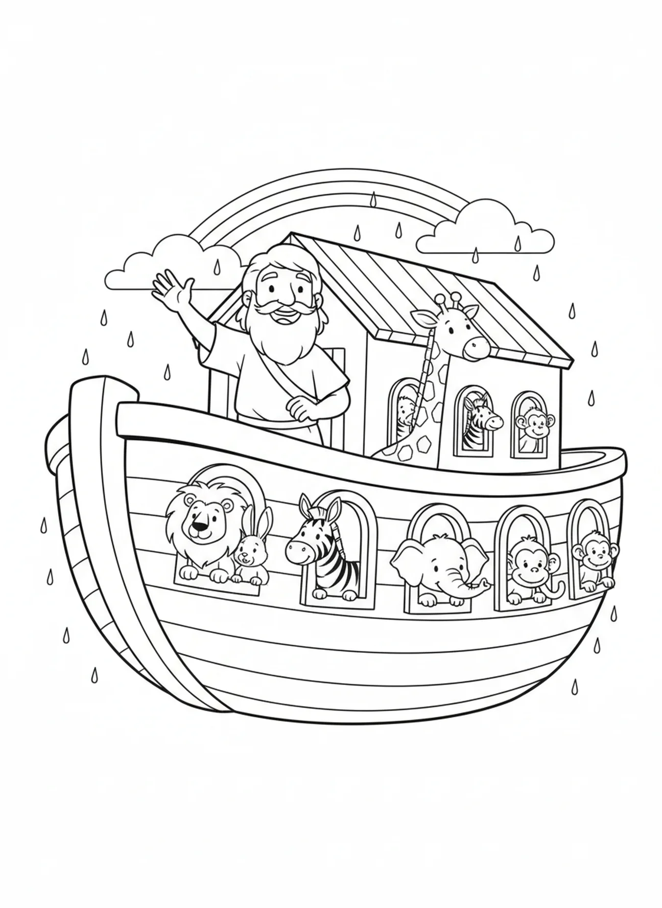 Noé sur l'arche avec des animaux, Page à colorier Biblique pour enfants de 5 à 10 ans