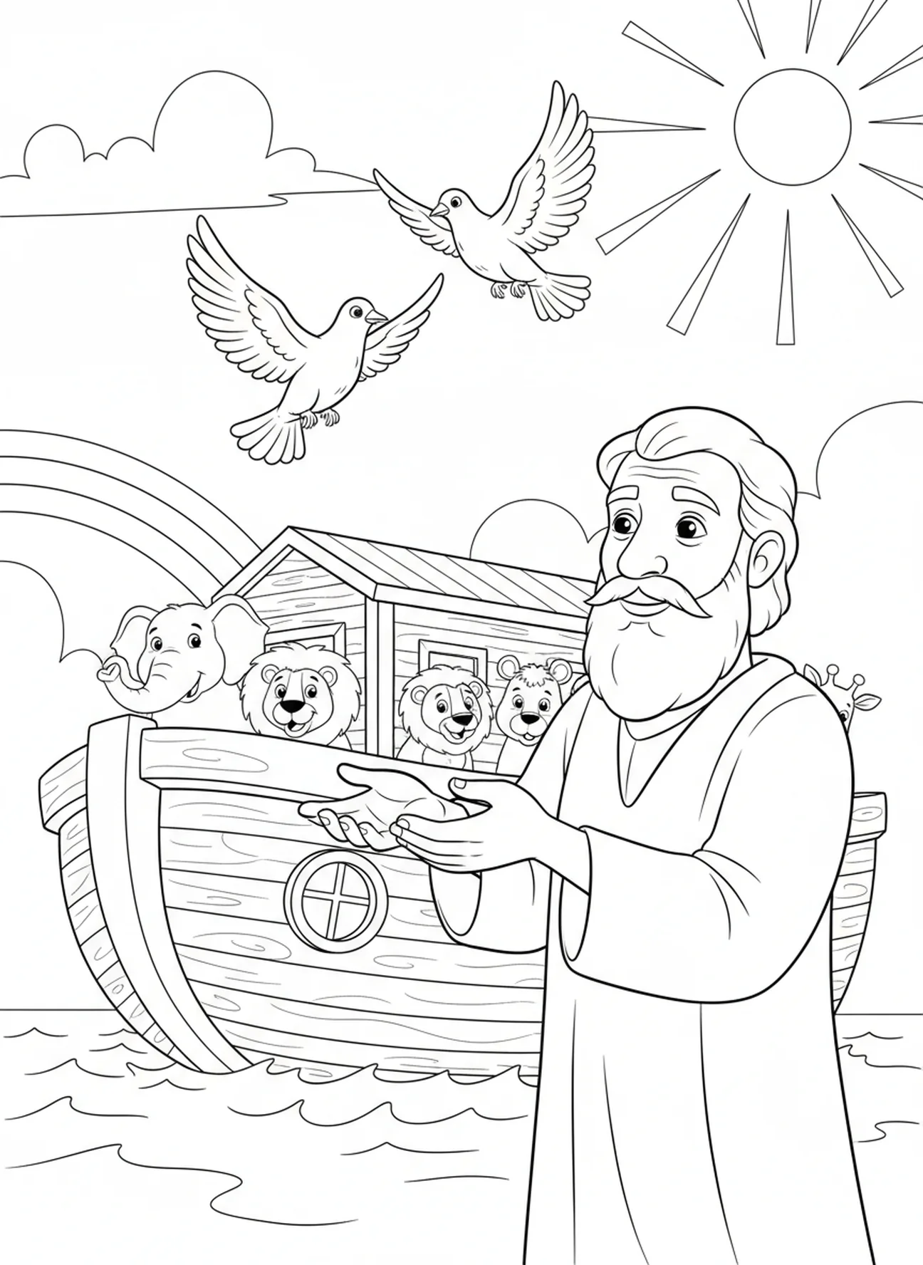 Noé libérant des colombes, Page à colorier biblique pour enfants de 5 à 10 ans