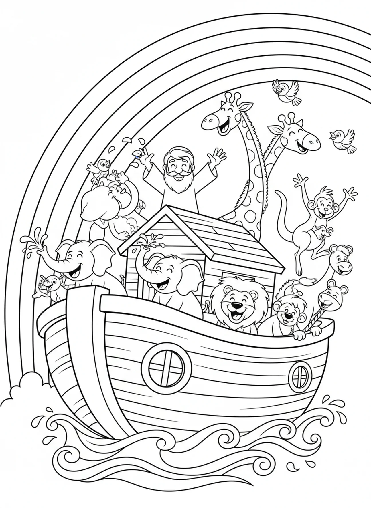 Arc-en-ciel au-dessus de l'arche, Page à colorier biblique pour enfants de 5 à 10 ans