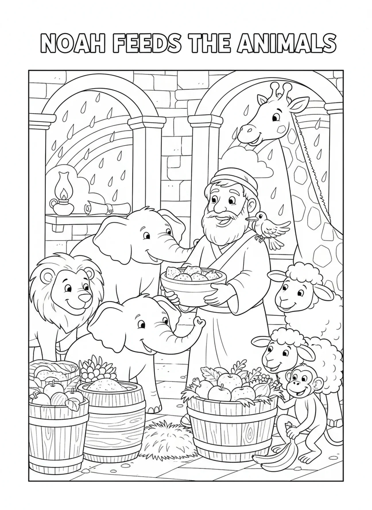 Noah füttert die Tiere auf der Arche, respektvolle Bibel Malvorlage für Sonntagsschulkinder im Alter von 5-12 Jahren