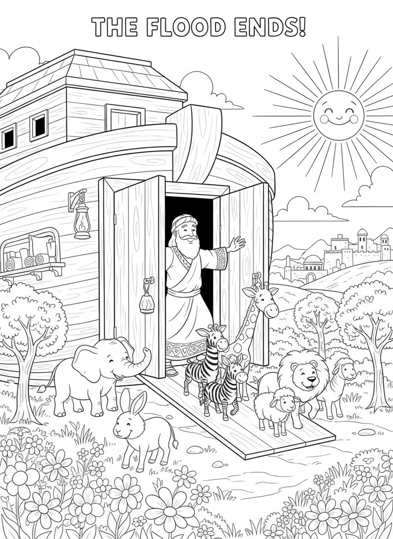 Noah lässt Tiere aus der Arche, Respektvolle Bibel Malvorlage für Sonntagsschulkinder im Alter von 5-12 Jahren