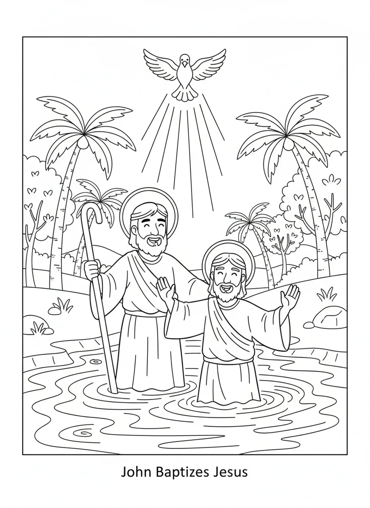 Johannes tauft Jesus, Ausmalbild der glorreichen Geheimnisse für Kinder im Alter von 5-10 Jahren