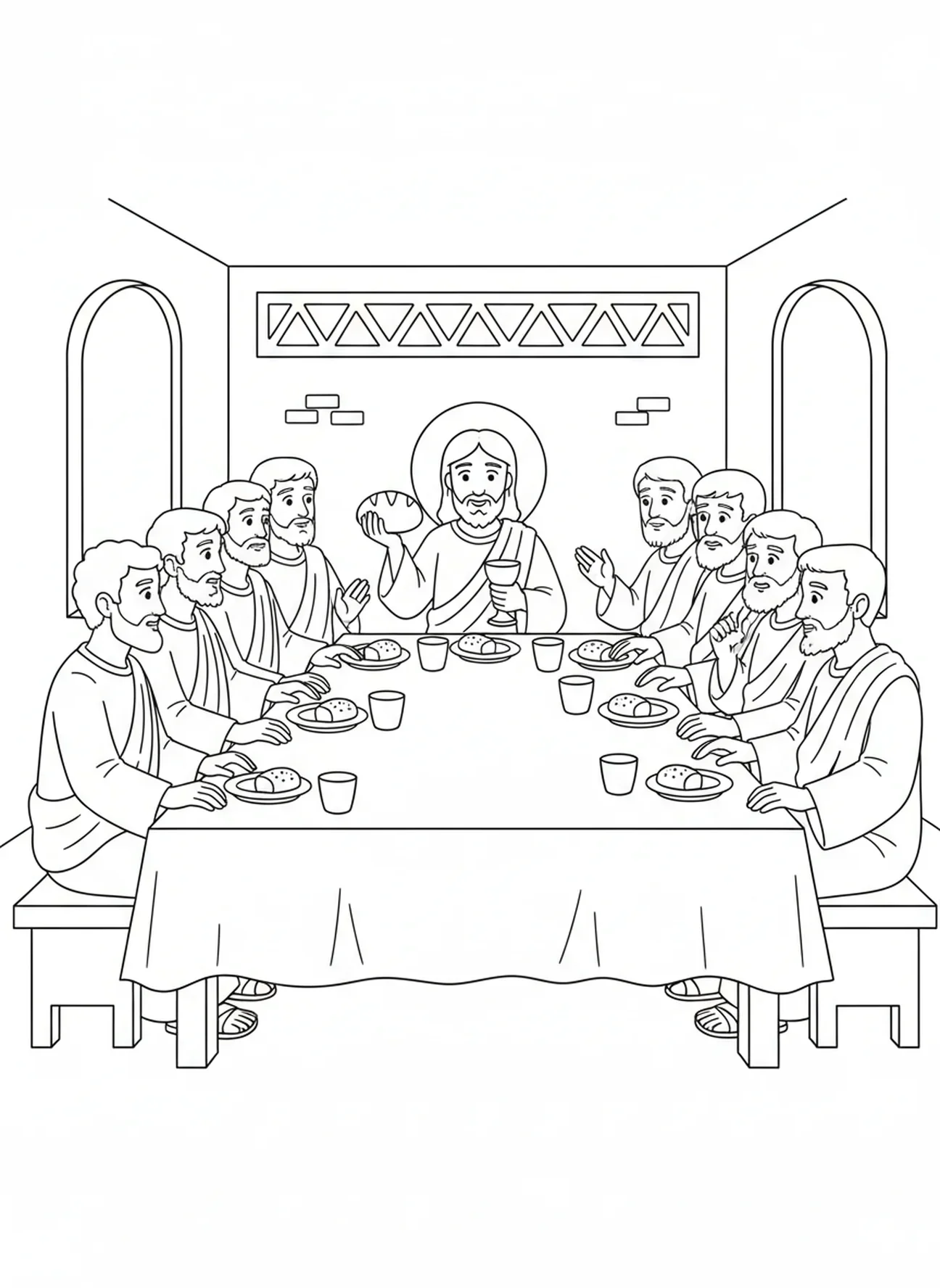 Jesus und die Jünger am Tisch, Ausmalbild der Glorreichen Geheimnisse für Kinder im Alter von 5-10 Jahren