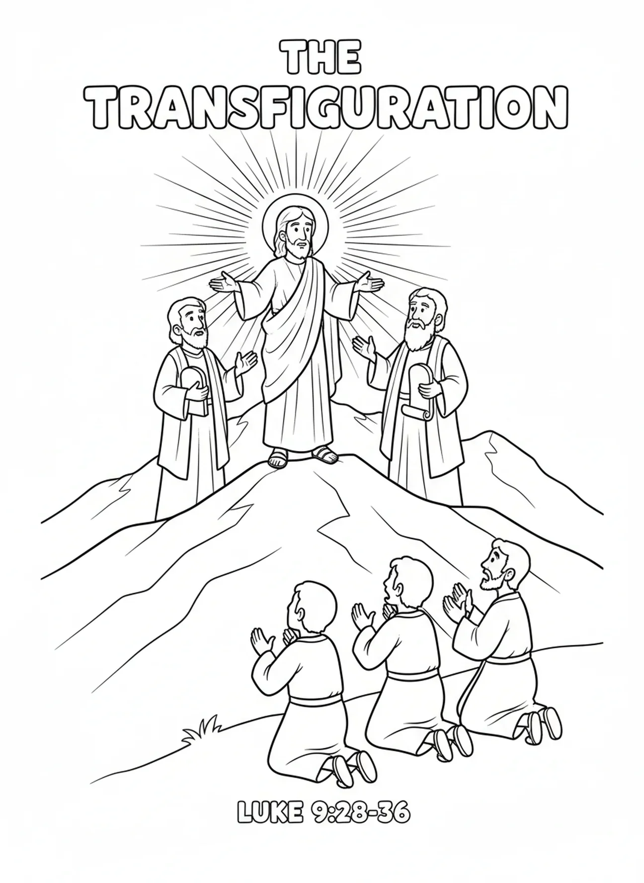 Jesus leuchtet auf dem Berg, Ausmalbild der glorreichen Geheimnisse für Kinder im Alter von 5-10 Jahren