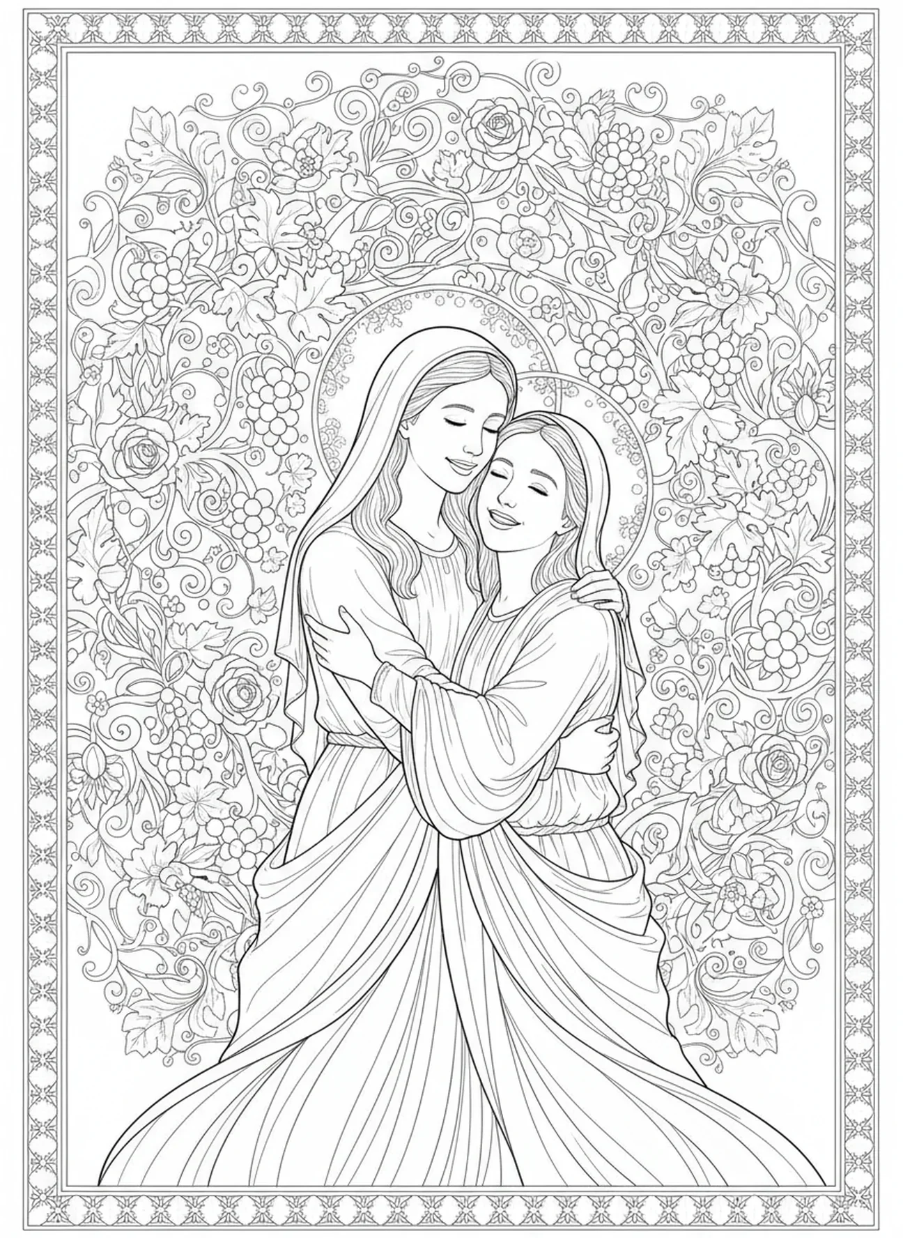 María y Elizabeth, página para colorear de los Misterios Gozosos en estilo de journaling bíblico para adultos