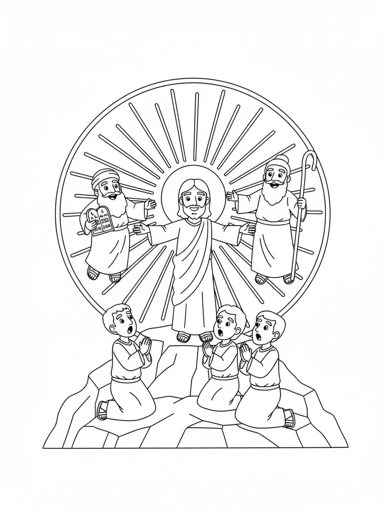 Jesus transfigurado na montanha, página para colorir dos Mistérios Luminosos para crianças de 5 a 10 anos