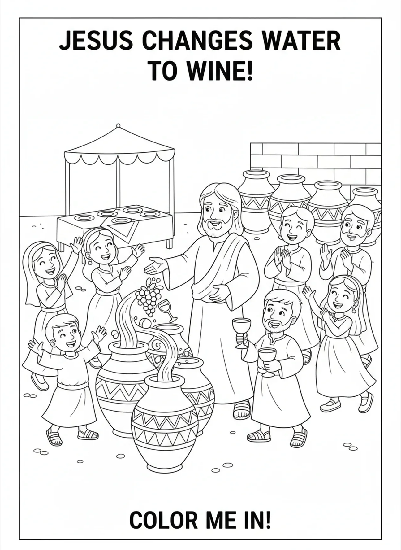 Jesus transformando água em vinho, página de colorir dos Mistérios Luminosos para crianças de 5 a 10 anos