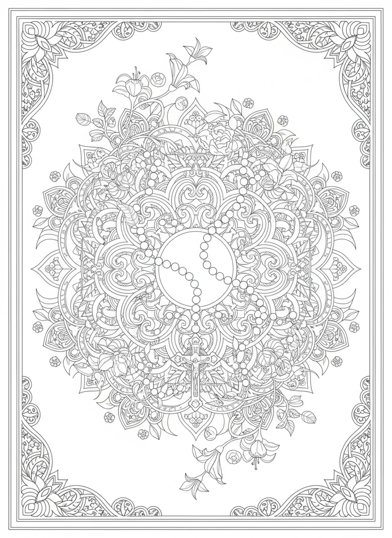 Rosary with vines and flowers, Rosary coloring page for adults Bible journaling style.