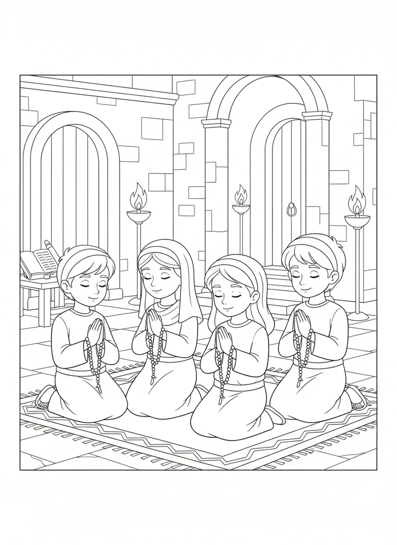 Groupe d'enfants priant, page à colorier de chapelet pour les enfants de l'École du dimanche âgés de 5 à 12 ans.