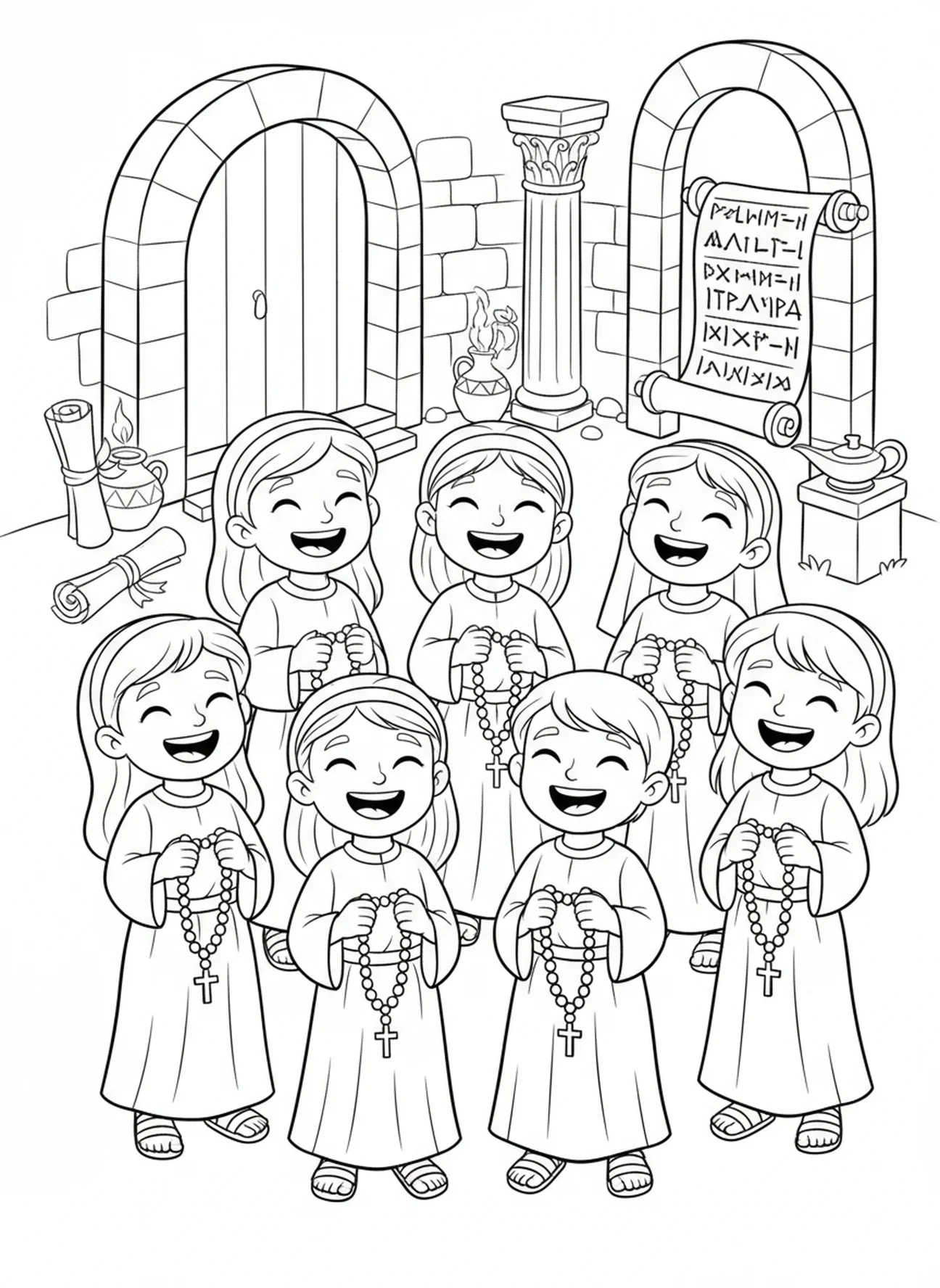 Groupe joyeux d'enfants, page à colorier du Rosaire pour les enfants de l'École du dimanche âgés de 5 à 12 ans.