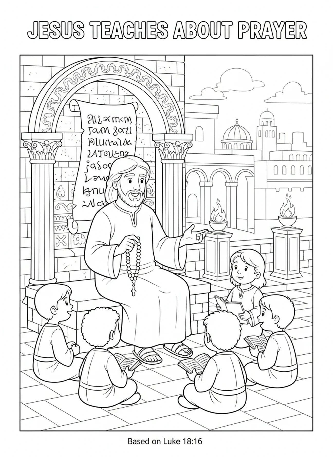 Jésus enseignant aux enfants, page à colorier sur le rosaire pour les enfants de catéchisme âgés de 5 à 12 ans.