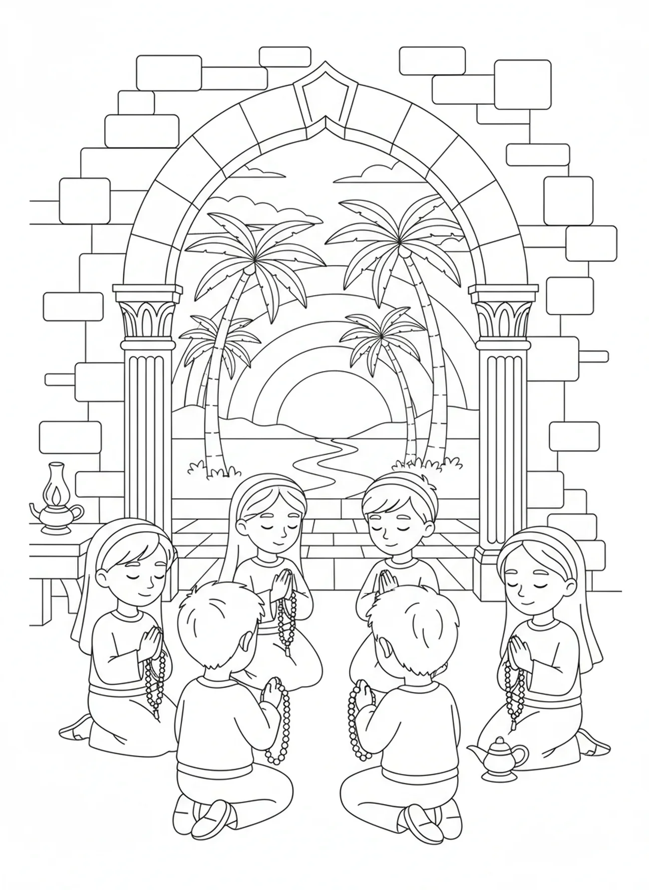 Enfants priant au coucher du soleil, page à colorier du rosaire pour les enfants de catéchisme âgés de 5 à 12 ans.