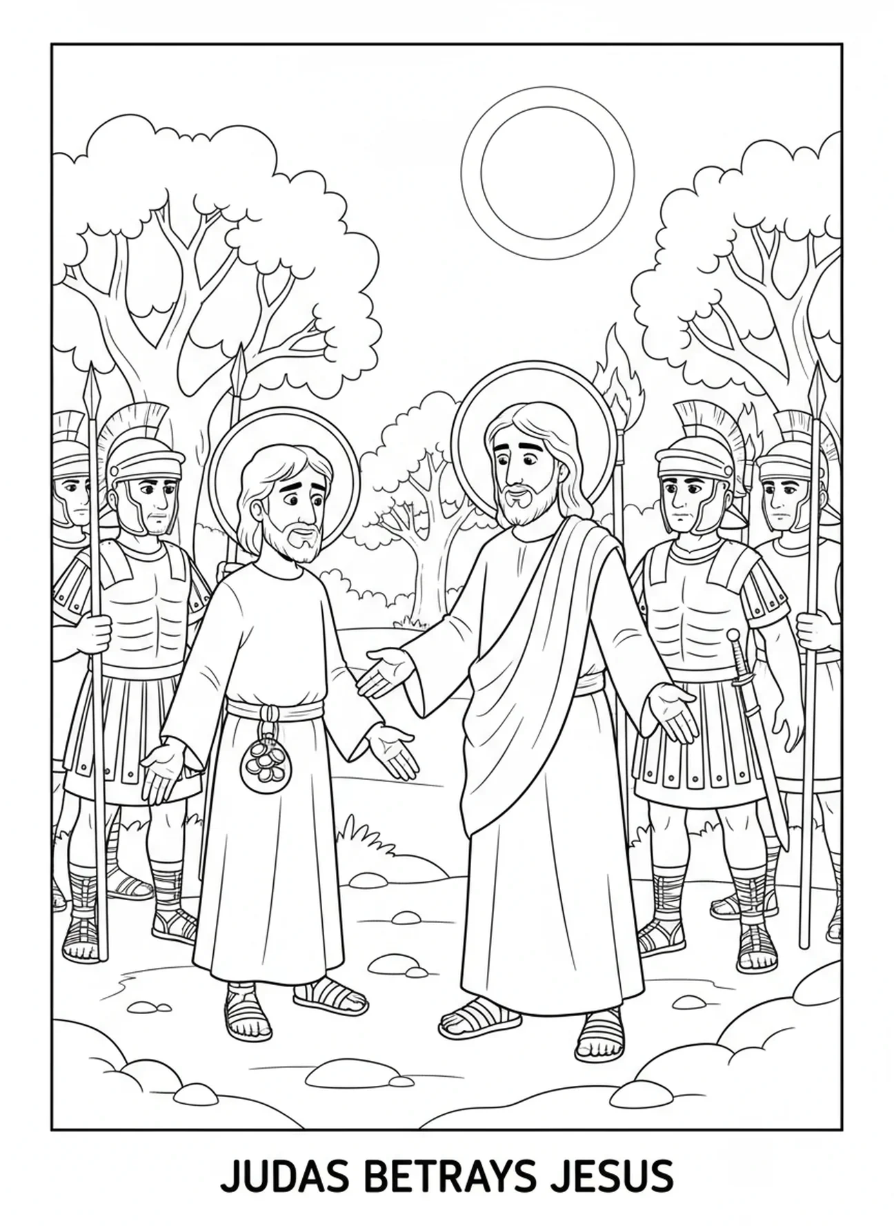Judas traindo Jesus, página de colorir dos Mistérios Dolorosos para crianças de 5 a 10 anos