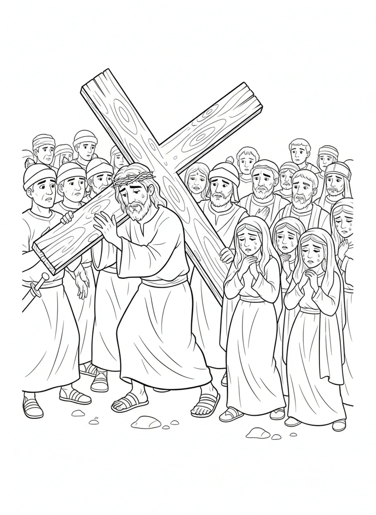 Jesus carregando a cruz, página de colorir dos Mistérios Dolorosos para crianças de 5 a 10 anos