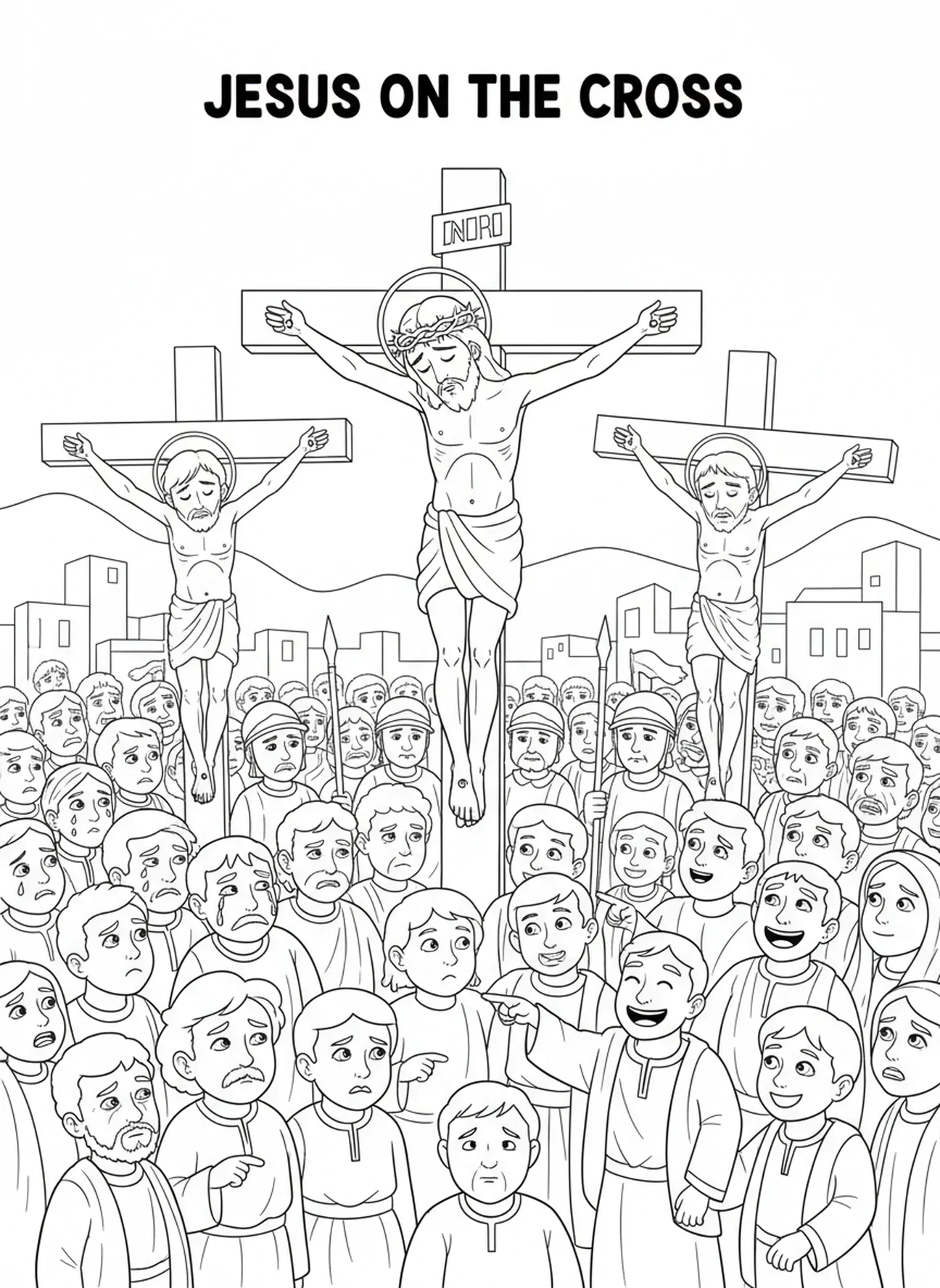 Jesus na cruz, página de colorir dos Mistérios Dolorosos para crianças de 5 a 10 anos