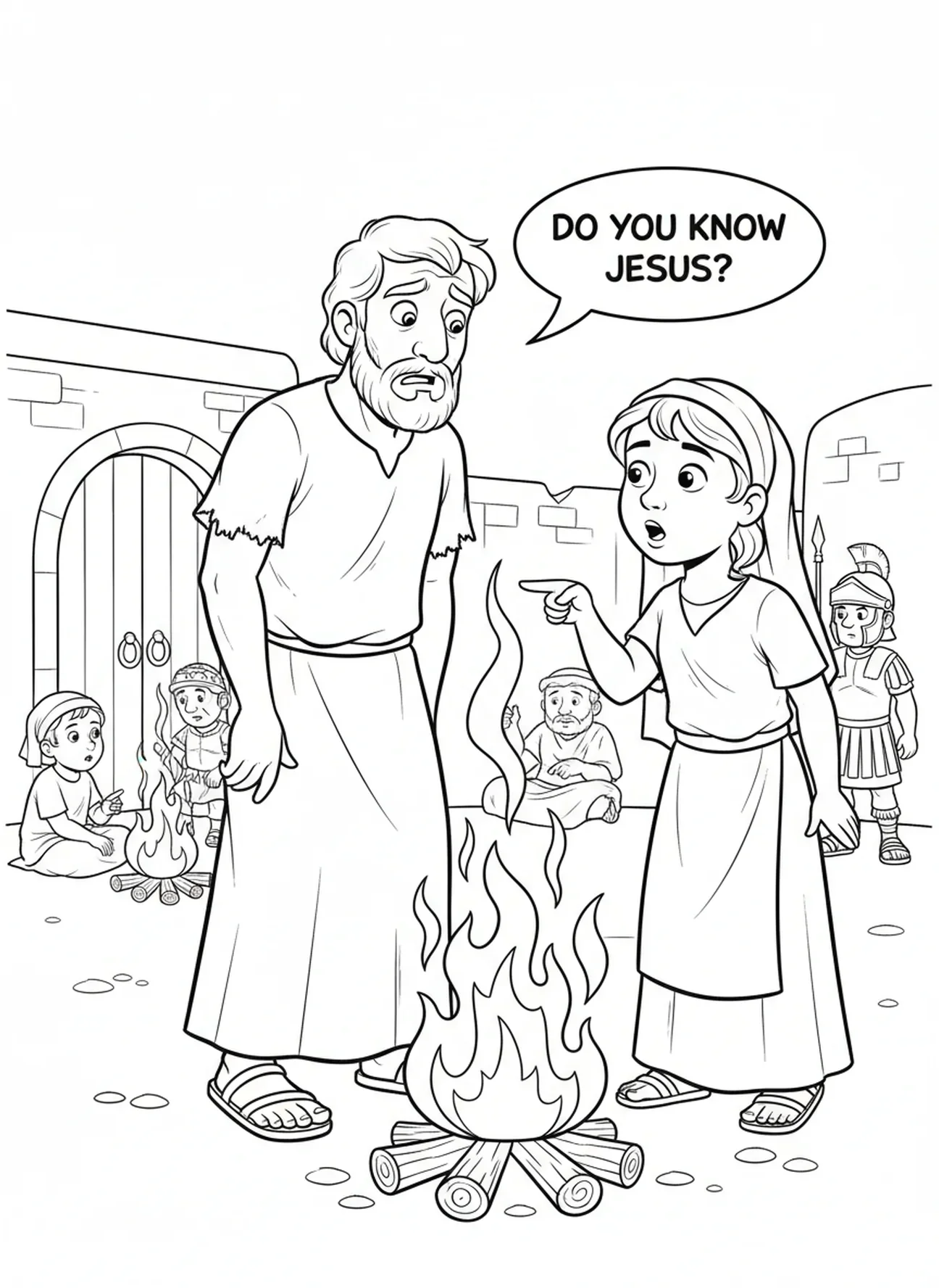 Pedro negando Jesus, página de colorir dos Mistérios Dolorosos para crianças de 5 a 10 anos