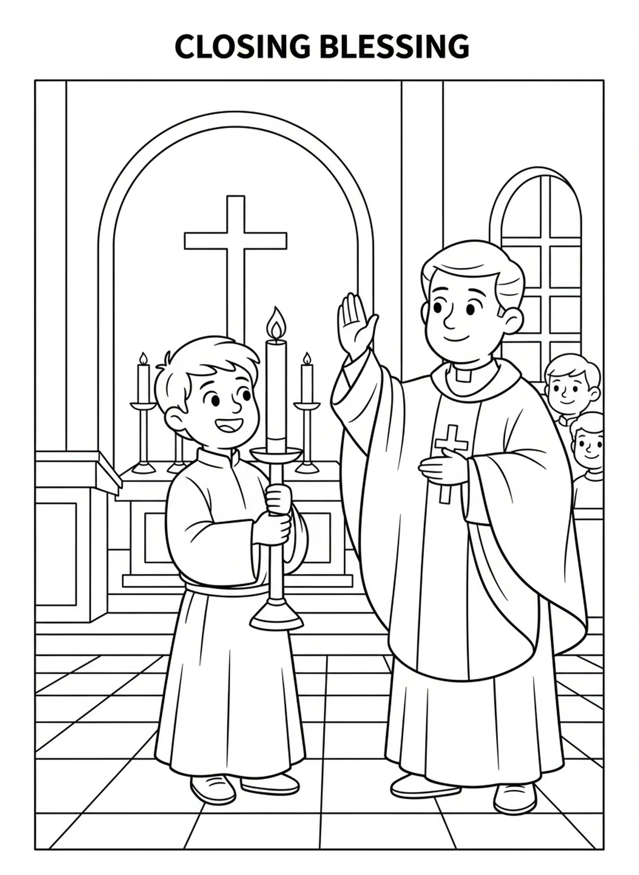 Messdiener hilft beim Abschlussgottesdienst, Ausmalbild für Kinder im Alter von 5-10 Jahren.
