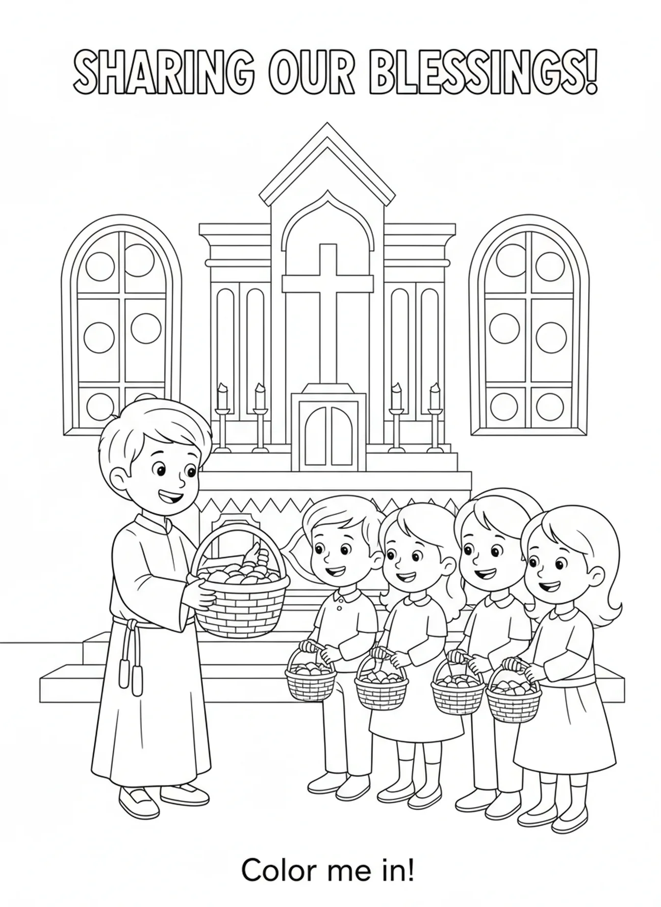 Messdiener sammeln Opferkörbe, Ausmalbild für Kinder im Alter von 5-10 Jahren.