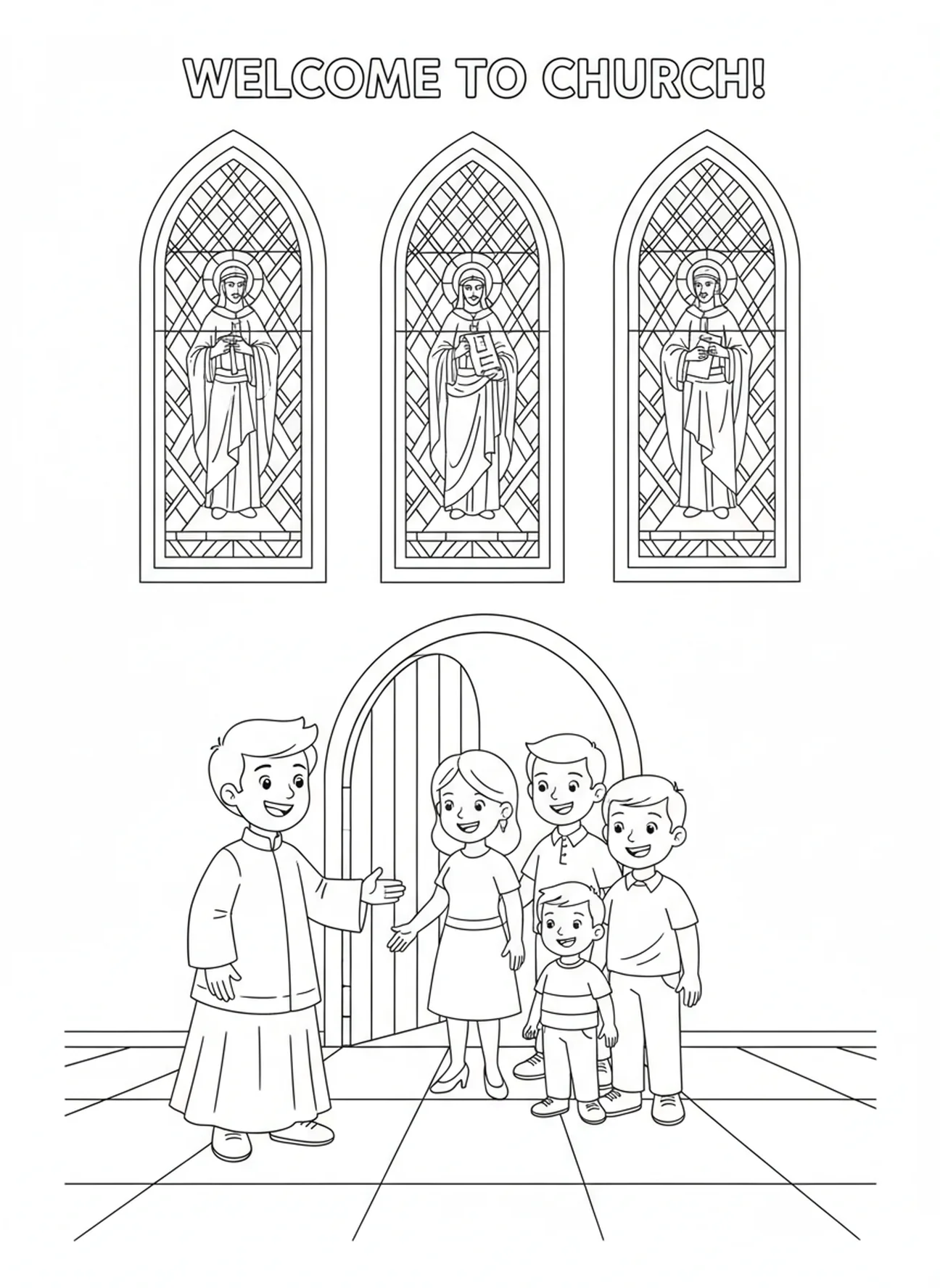 Altarserver begrüßt lächelnde Gemeindemitglieder, Ausmalbild für Kinder im Alter von 5-10 Jahren.