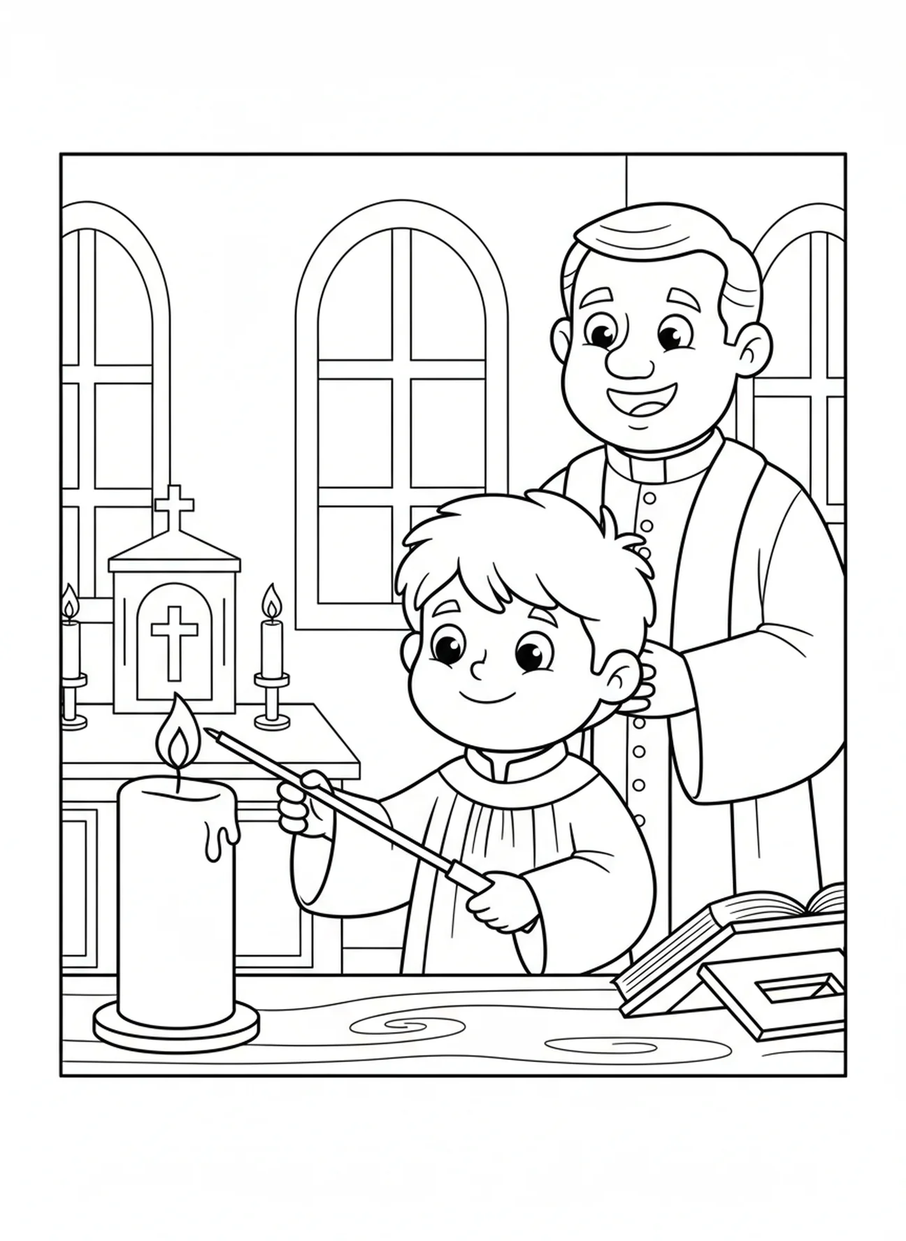 Altarjunge zündet eine Kerze an, Ausmalbild für Altarjungen für Kinder im Alter von 5-10 Jahren.