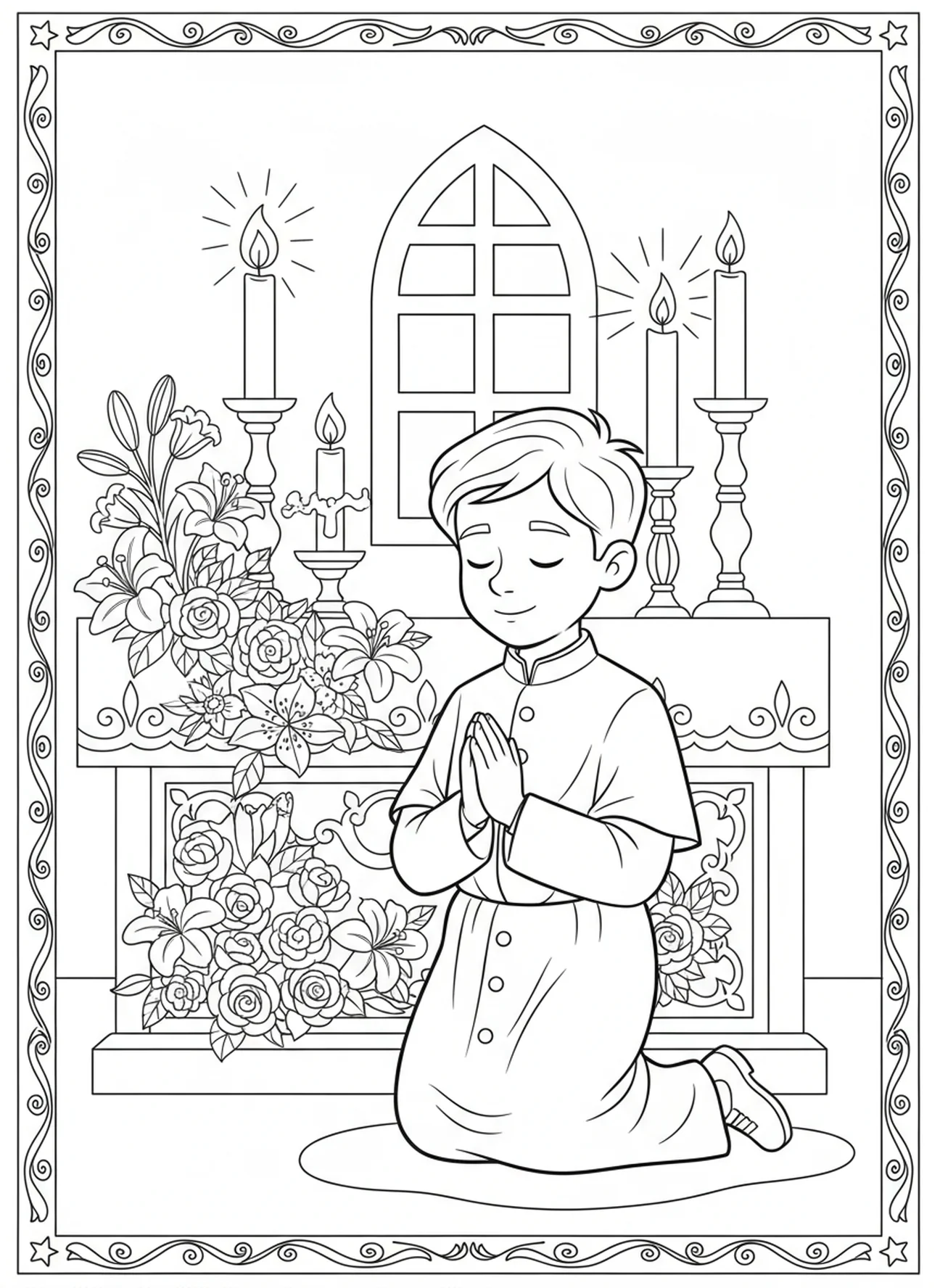 Altarjunge kniet im Gebet, Ausmalbild für Kinder im Alter von 5-10 Jahren.