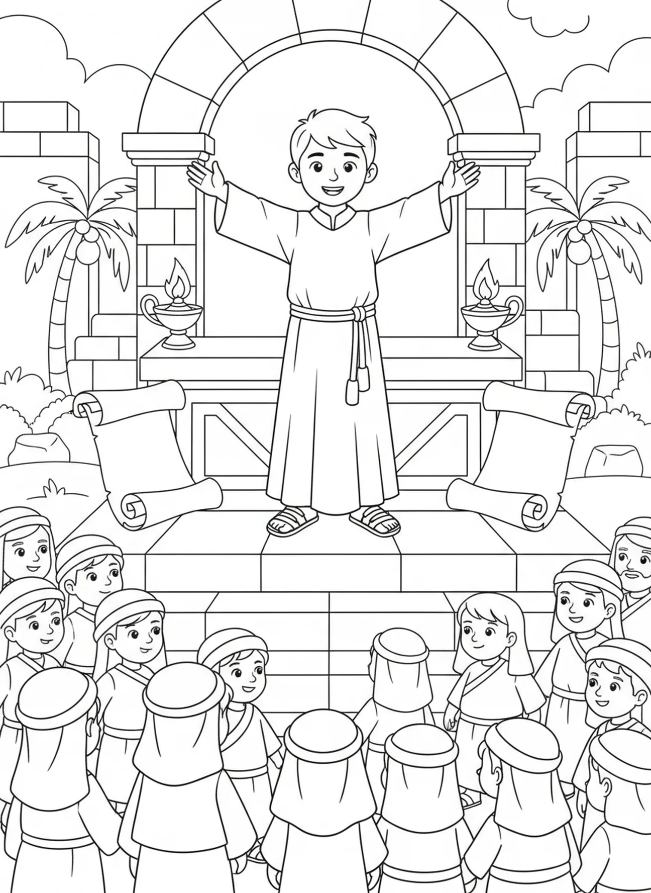 Altarserver segnet die Menge, Ausmalbild für Sonntagsschulkinder im Alter von 5-12 Jahren.