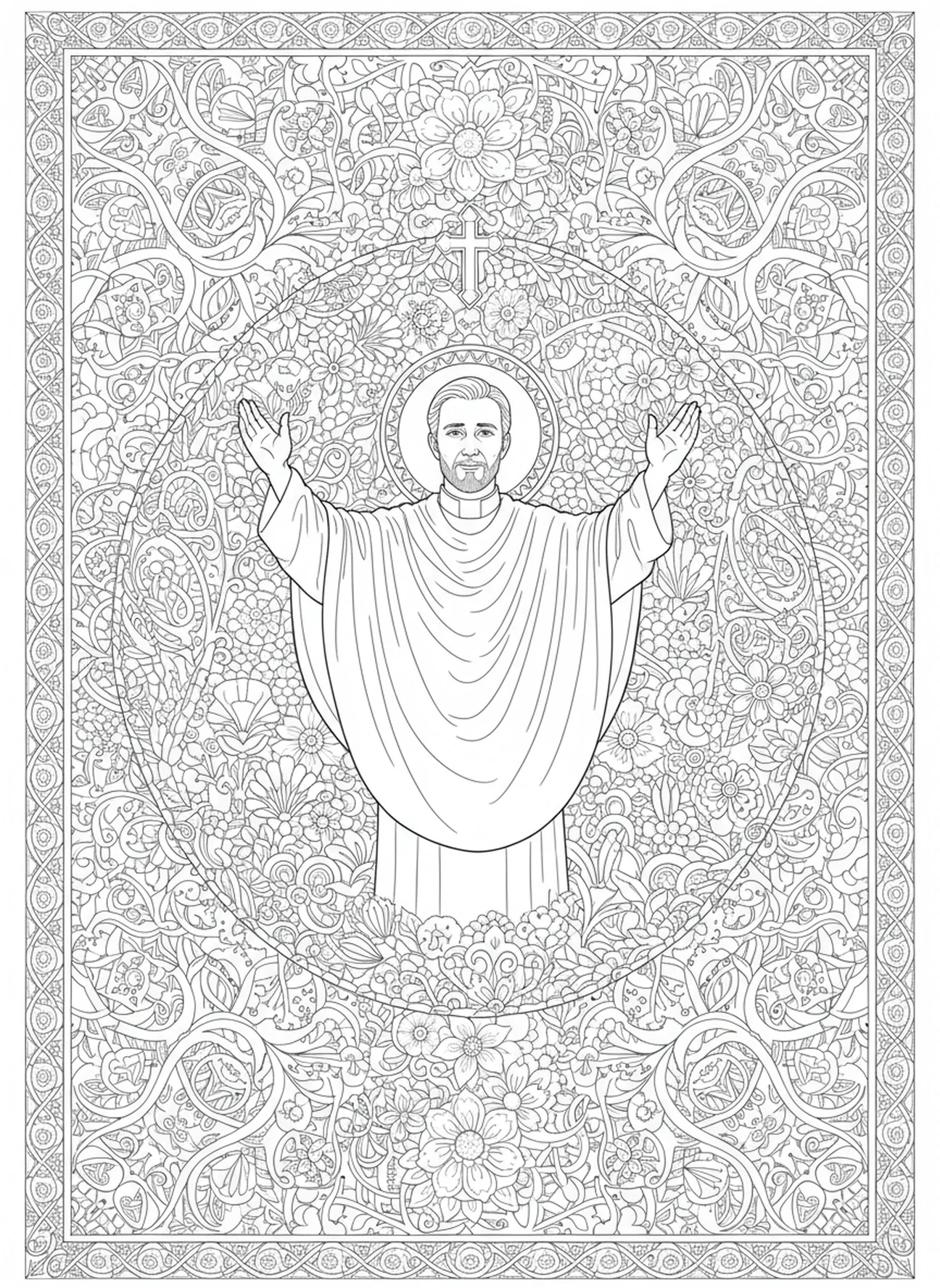 Sacerdote oferecendo uma bênção, página de colorir Batismo de Bebê no estilo de diário bíblico para adultos.