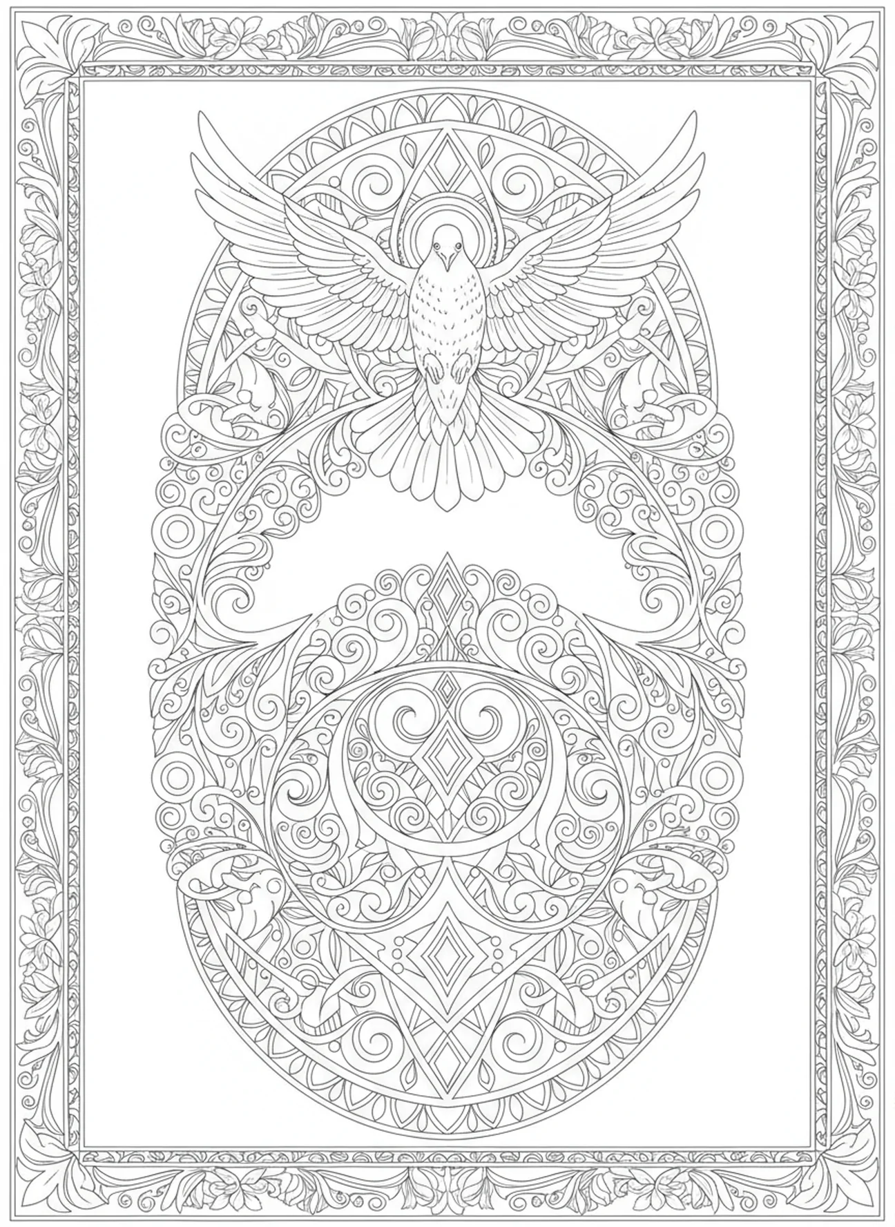Pomba do Espírito Santo descendo, página para colorir do Batismo do Bebê no estilo de journaling bíblico para adultos.