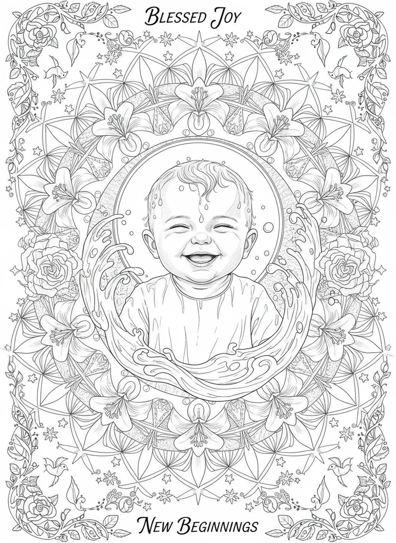 Bebê alegre após o batismo, página para colorir Batismo do Bebê no estilo de journaling bíblico para adultos.