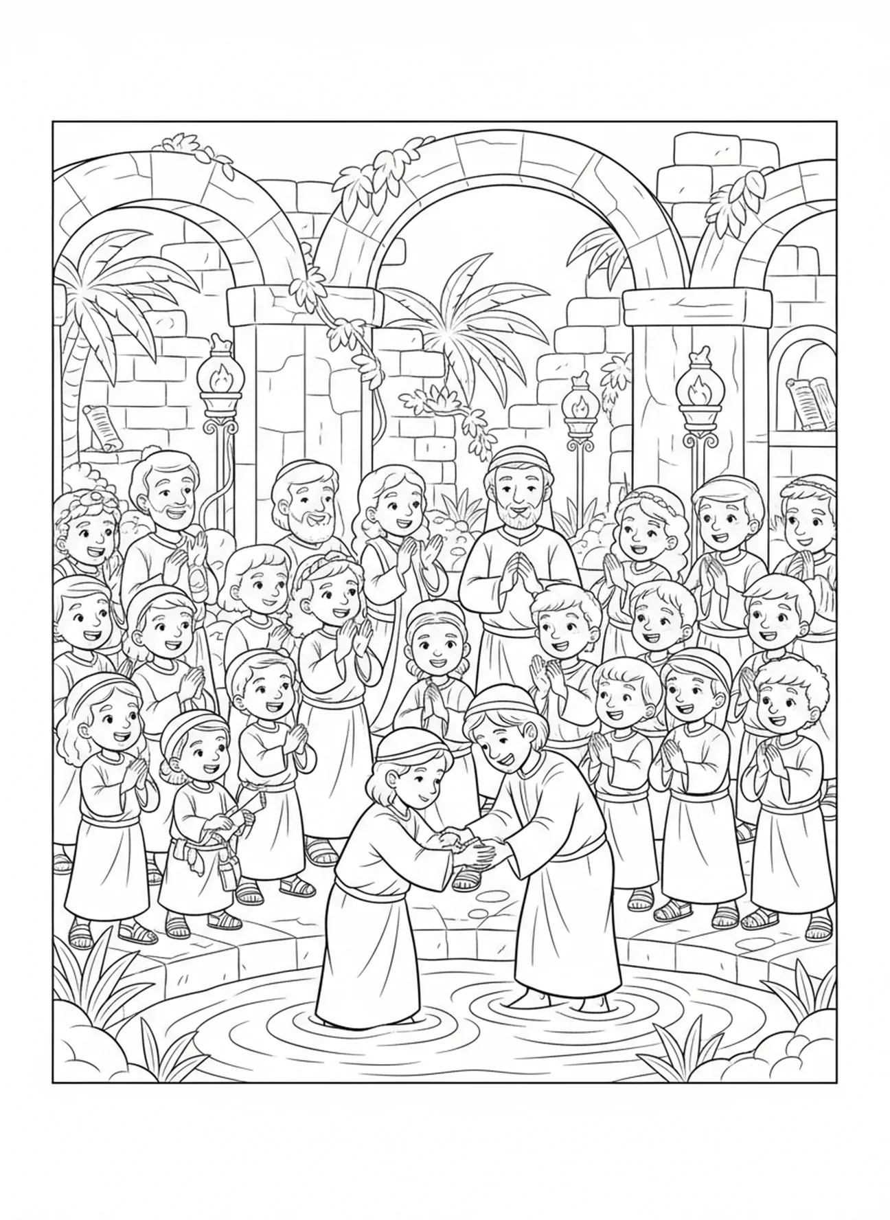 Foule d'observateurs acclamant, page à colorier Baptême du Bébé pour les enfants de l'École du dimanche âgés de 5 à 12 ans.
