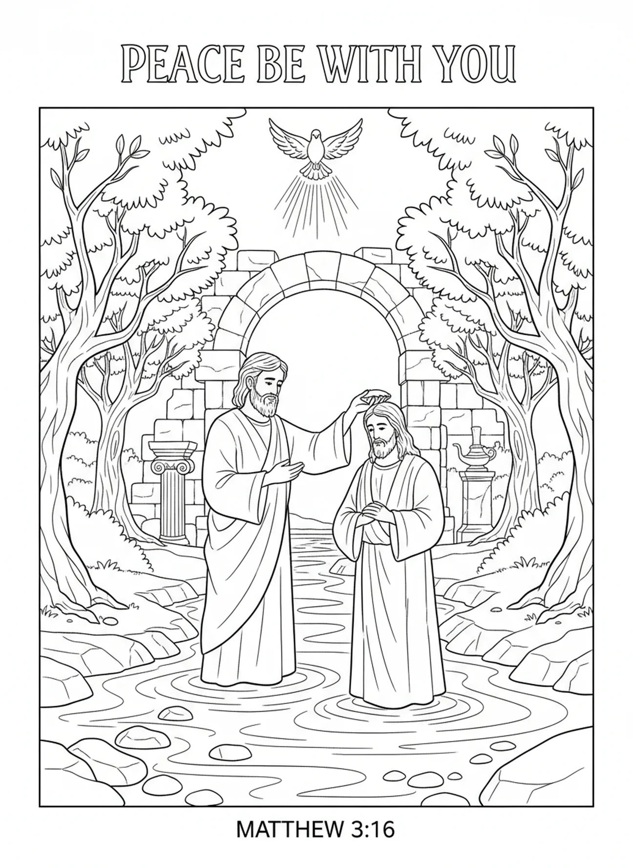 Colombe descendant au-dessus du baptême, page à colorier Baptême de Bébé pour les enfants de l'École du dimanche âgés de 5 à 12 ans.