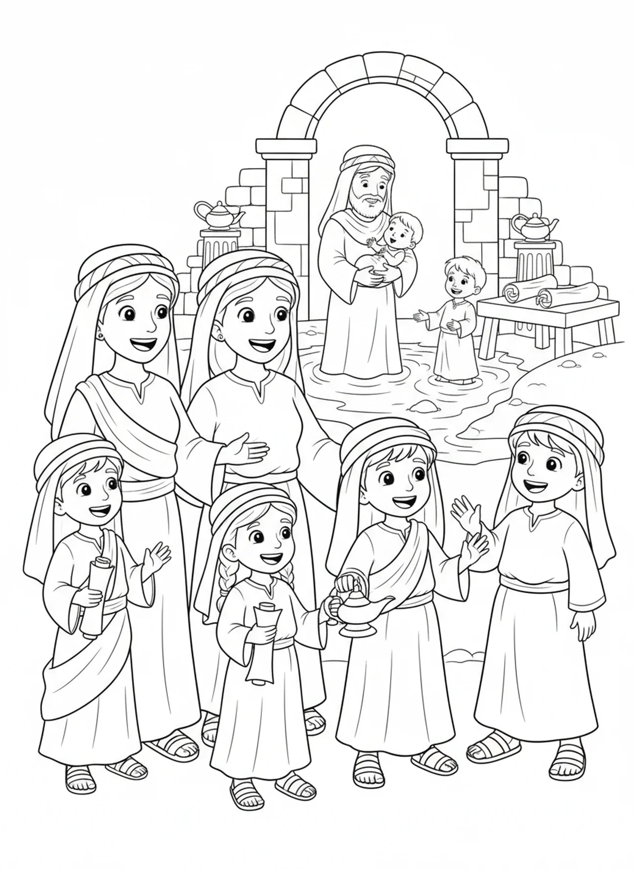 Famille heureuse assistant au baptême, page à colorier Baptême de Bébé pour les enfants de l'École du dimanche âgés de 5 à 12 ans.