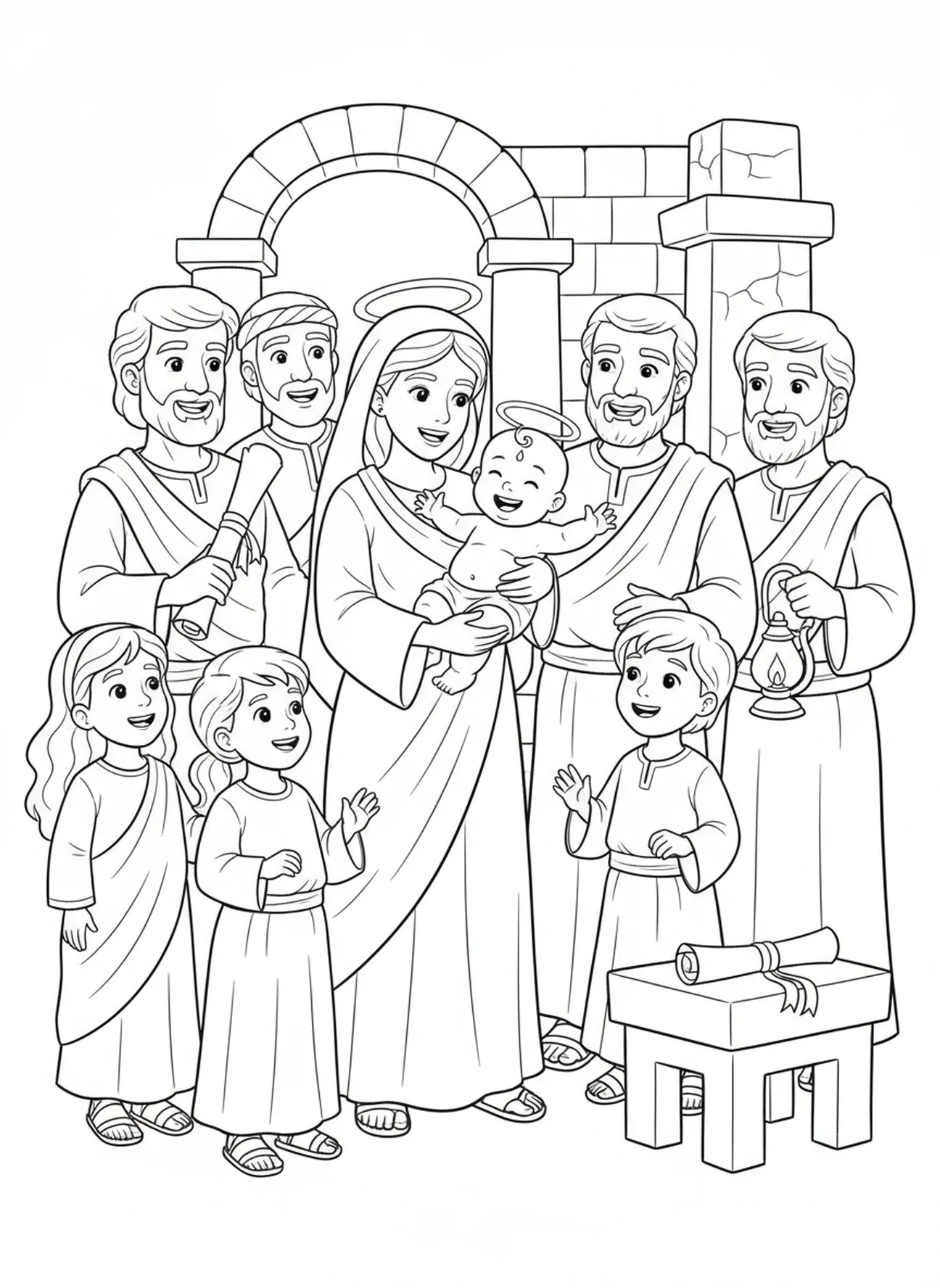 Bébé joyeux avec des amis, page à colorier Baptême de Bébé pour les enfants de l'École du dimanche âgés de 5 à 12 ans.