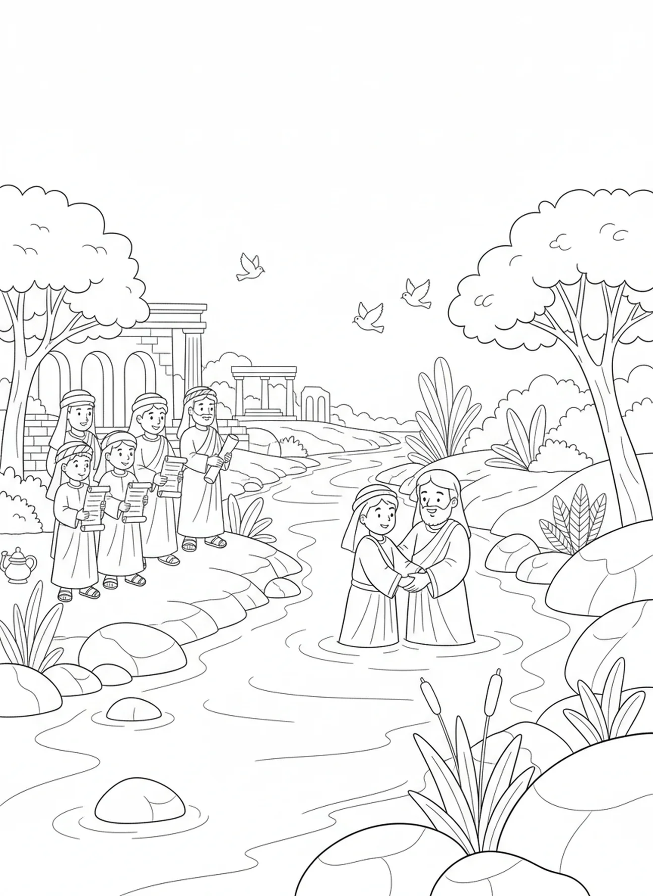 Cadre de rivière calme pour le baptême, page à colorier Baptême de Bébé pour les enfants de l'École du dimanche âgés de 5 à 12 ans.