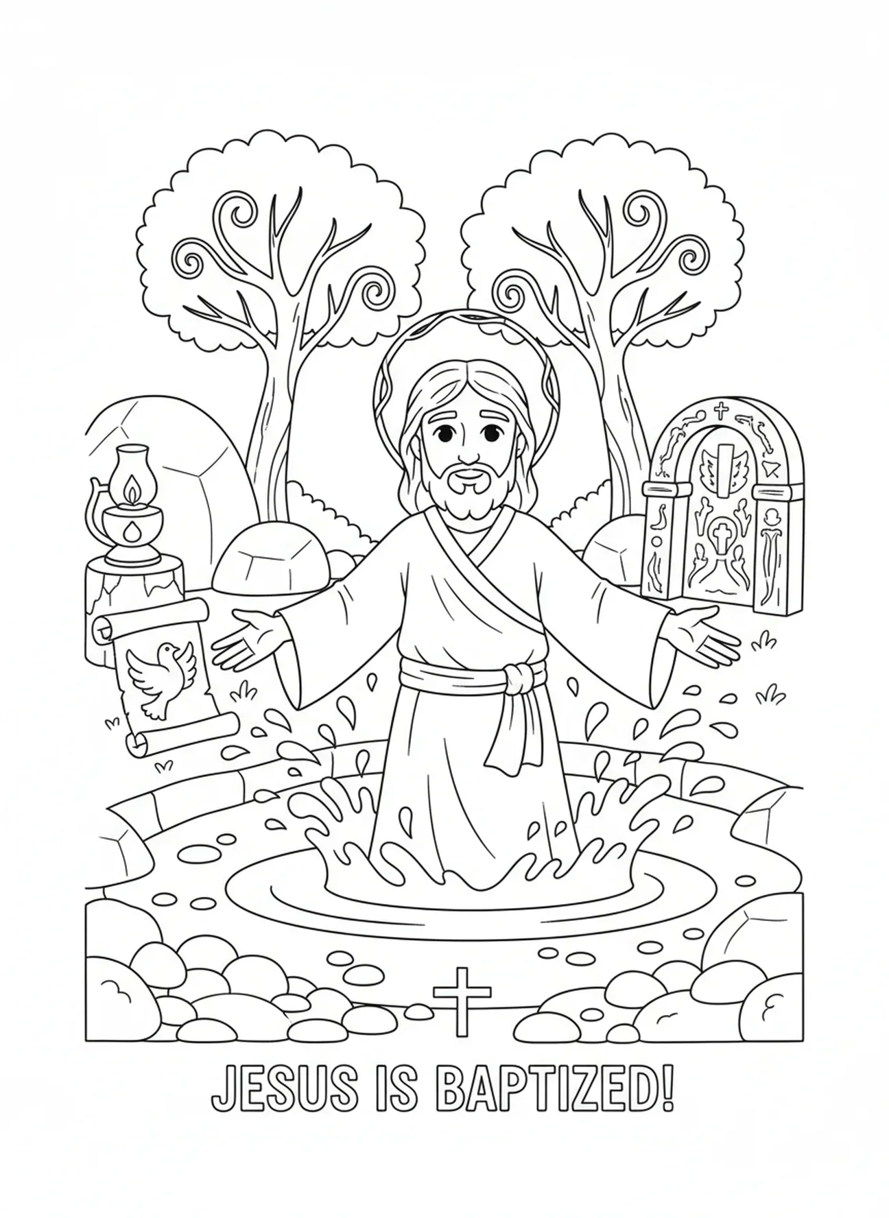 Jesus tritt aus dem Wasser, Tauf-Malvorlage für Sonntagsschulkinder im Alter von 5-12 Jahren