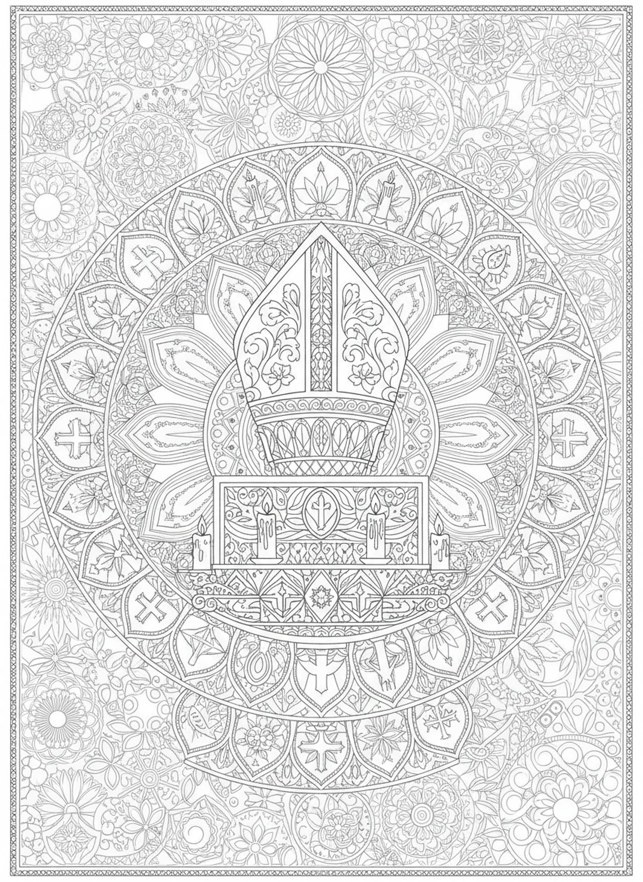 Mitre épiscopale devant l'autel, page à colorier mitre épiscopale pour adultes dans le style du journal biblique
