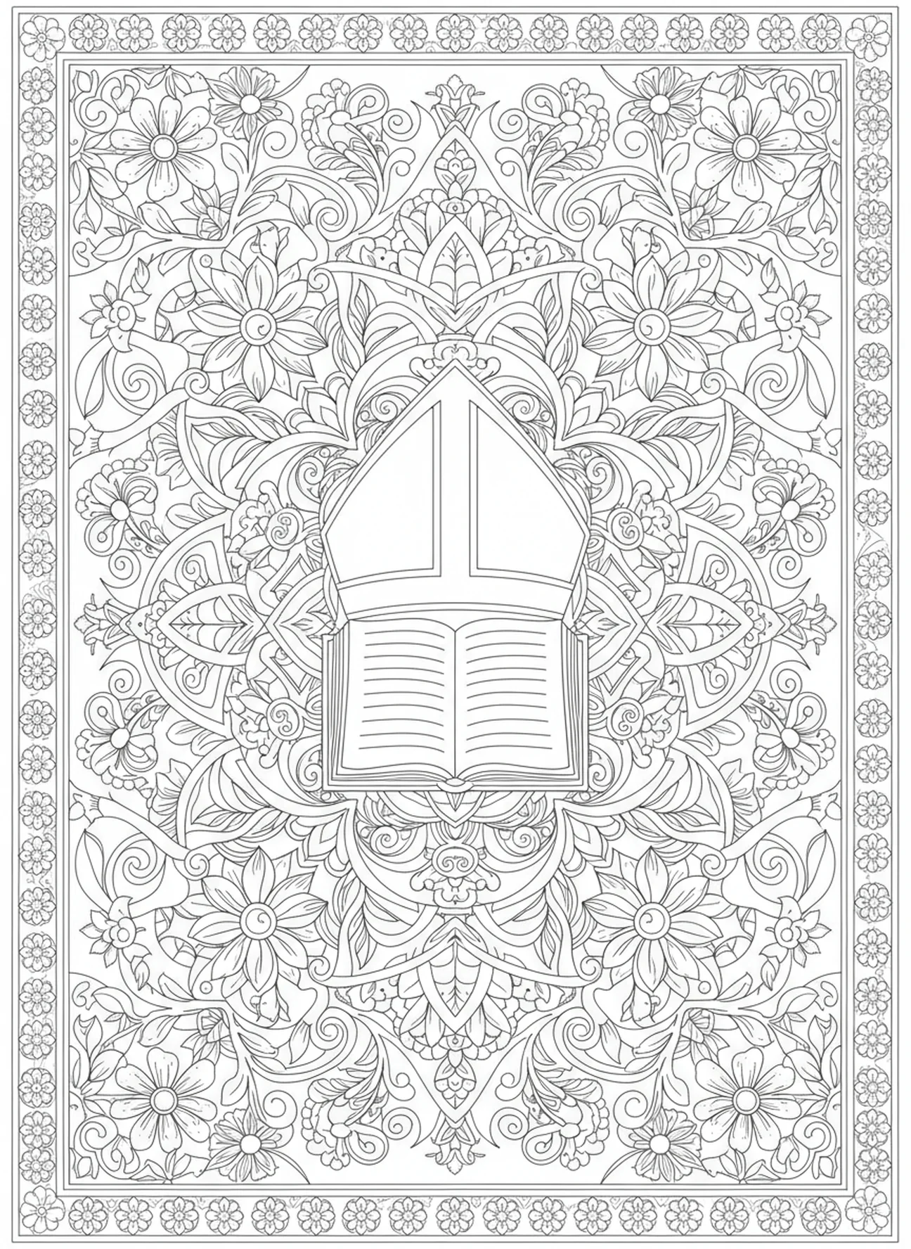 Mitre épiscopale avec Écriture ouverte, page à colorier Mitre épiscopale pour adultes dans le style de journal biblique