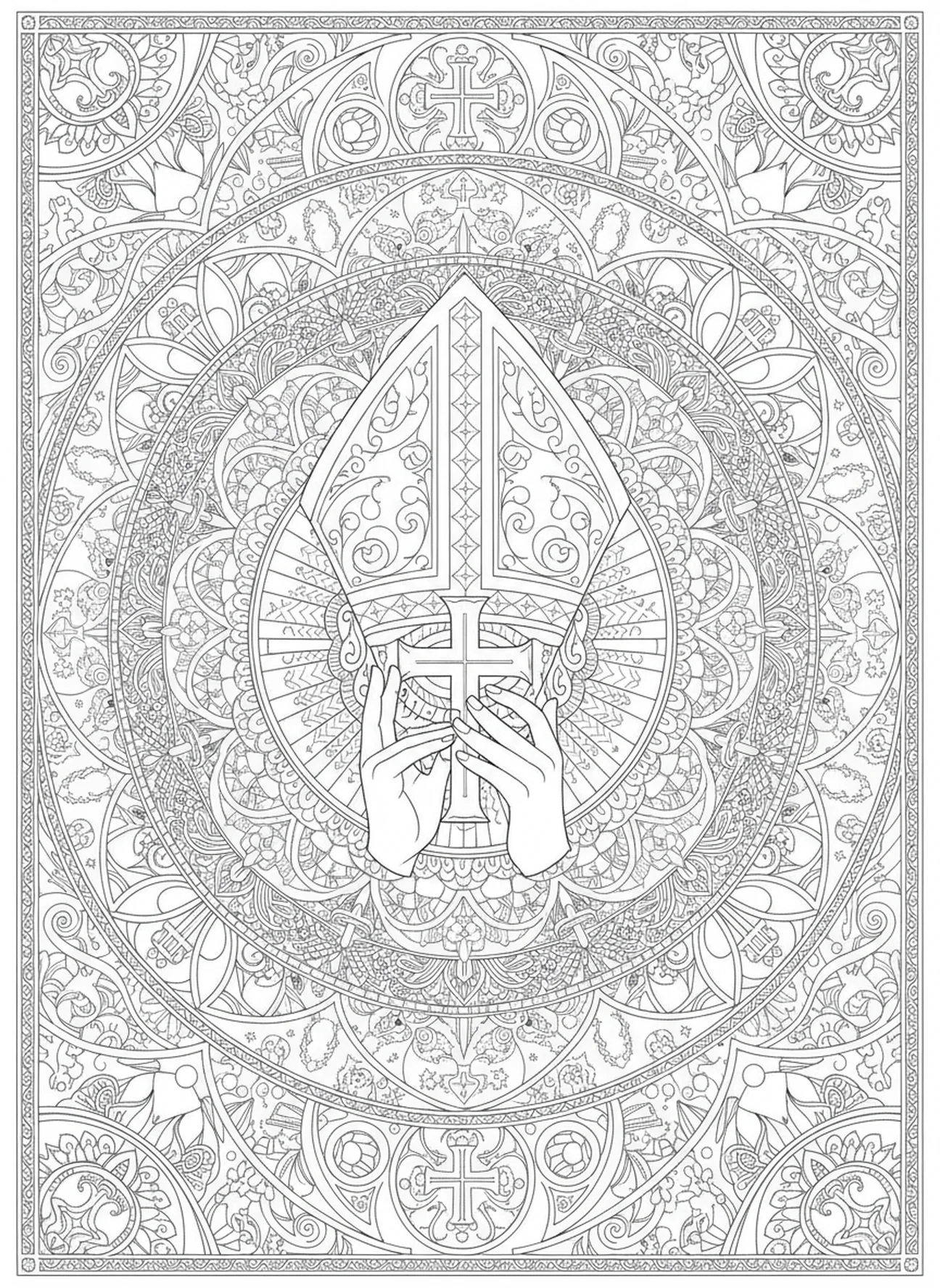 Mitre épiscopale donnant une bénédiction, page à colorier Mitre épiscopale pour adultes dans un style de journal biblique