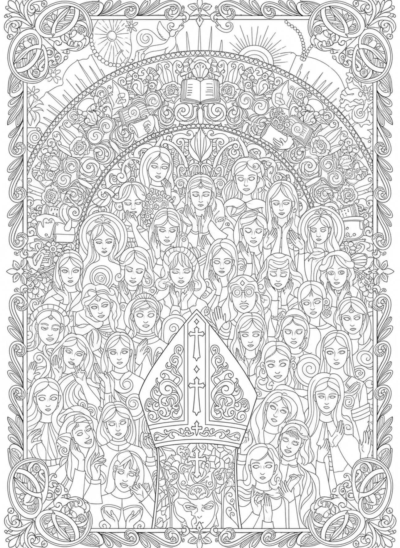 Mitre épiscopale s'adressant à la congrégation, page à colorier Mitre épiscopale pour adultes dans le style du journal biblique