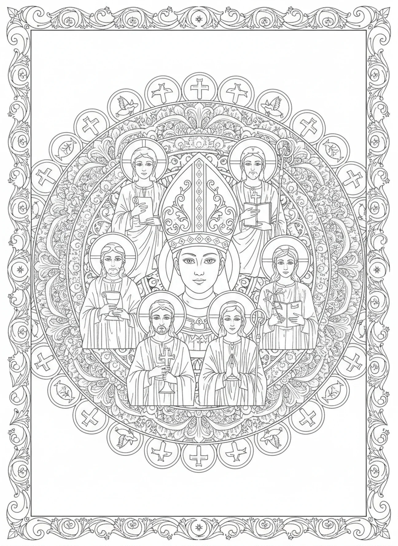 Mitre épiscopale entourée de saints, page à colorier de la mitre épiscopale pour le style de journalisation biblique pour adultes