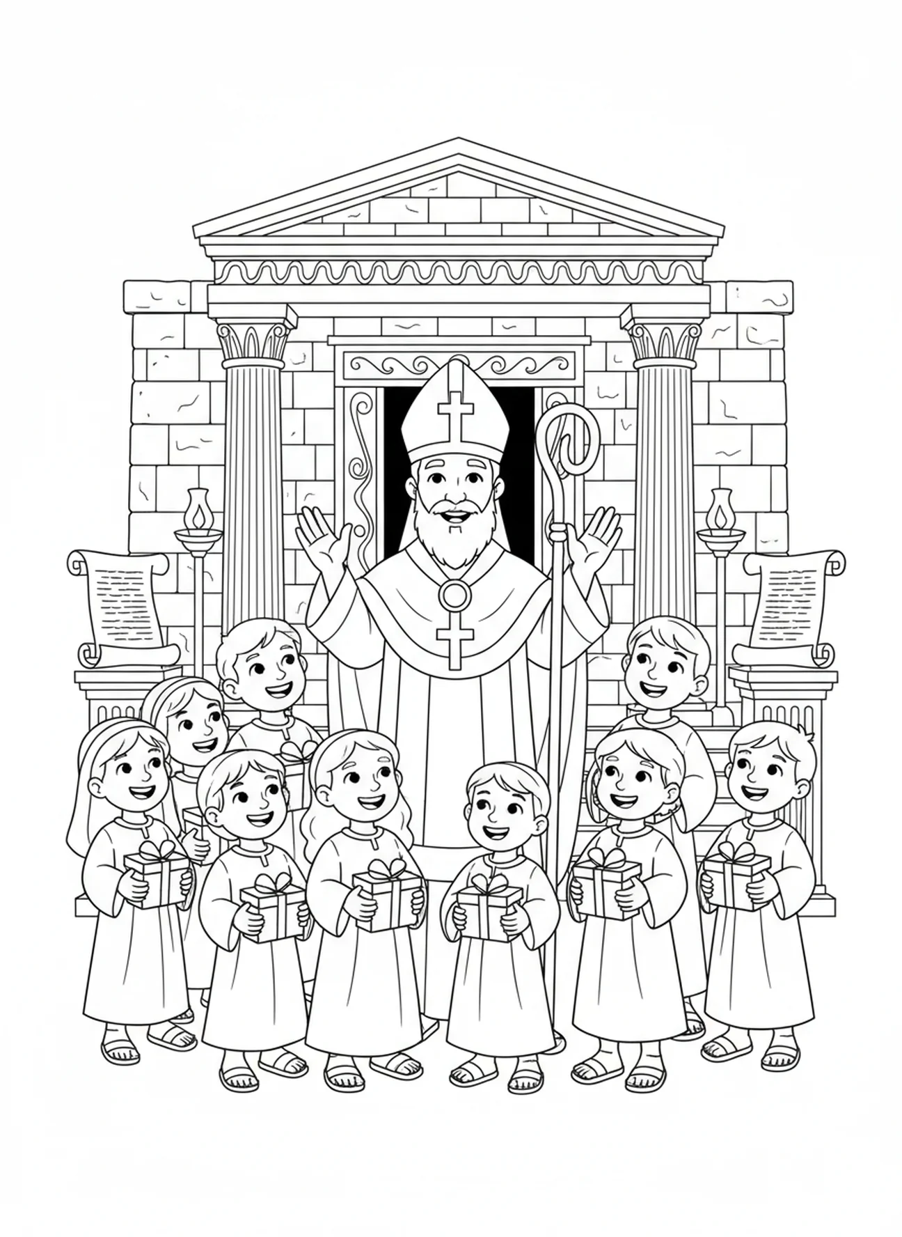 L'Évêque Mitre bénissant des enfants, page à colorier de l'Évêque Mitre pour les enfants de l'École du dimanche âgés de 5 à 12 ans.