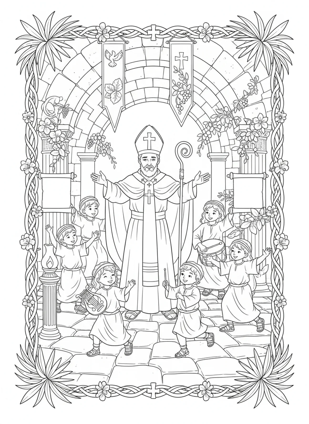 L'Évêque Mitre célébrant avec des enfants, page à colorier de l'Évêque Mitre pour les enfants de catéchisme âgés de 5 à 12 ans.