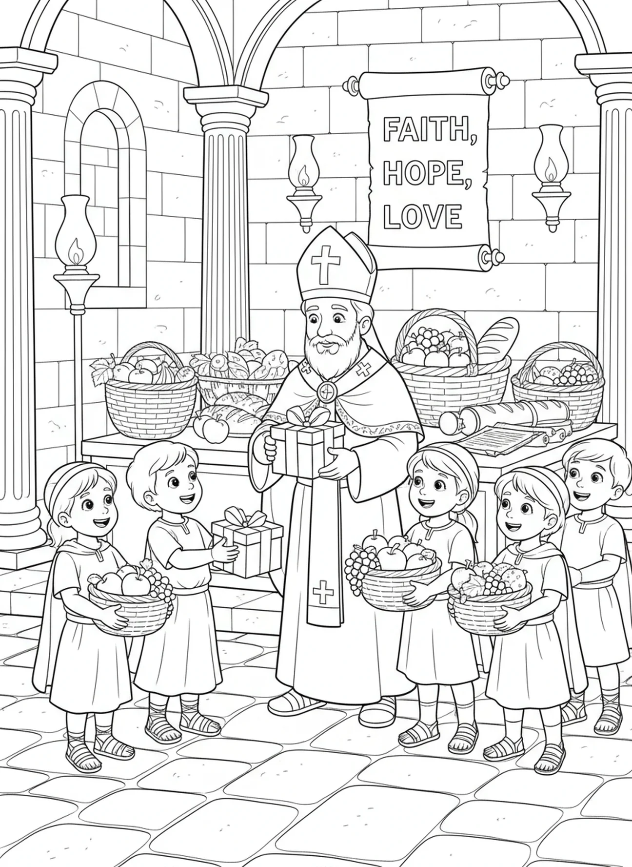 L'Évêque Mitre distribuant des cadeaux, page à colorier de l'Évêque Mitre pour les enfants de l'École du dimanche âgés de 5 à 12 ans.